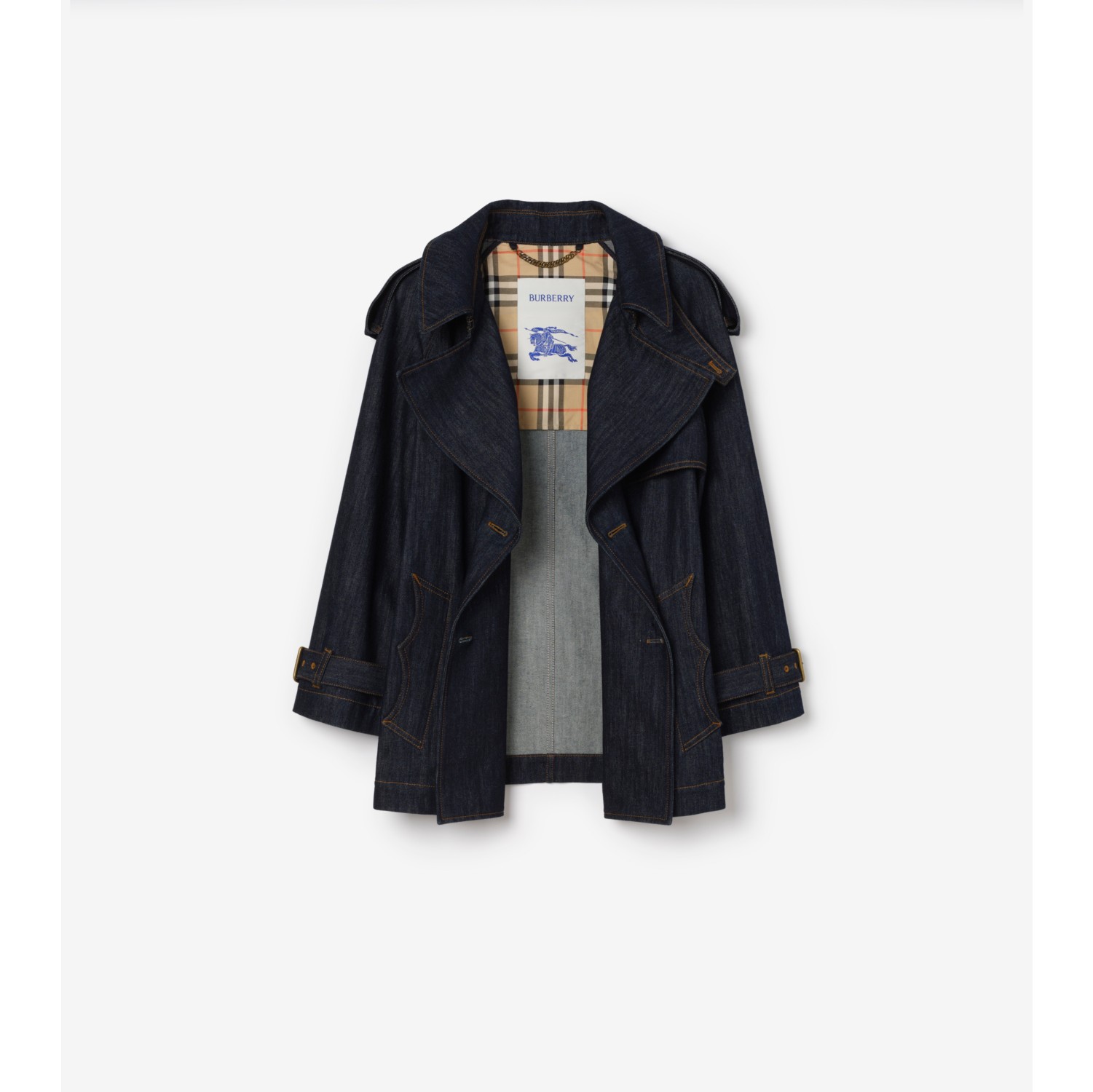 Short Denim Fitzrovia Trench Coat in Dark indigo - Women, Cotton | Burberry® Official