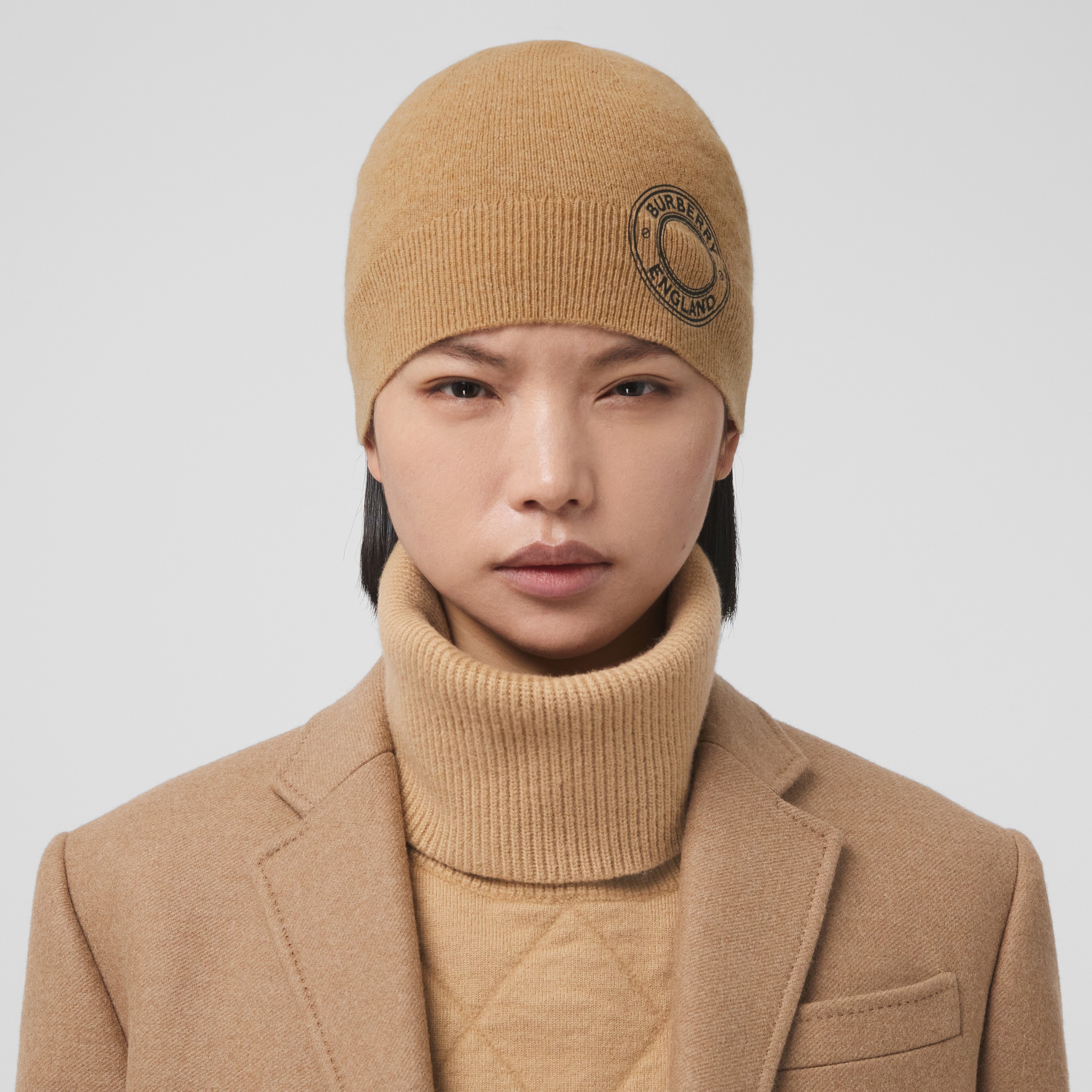 Logo Graphic Cashmere Blend Beanie in Camel | Burberry® Official - 3