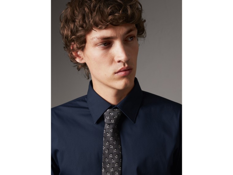 Slim Fit Stretch Cotton Shirt in Navy Men Burberry United States