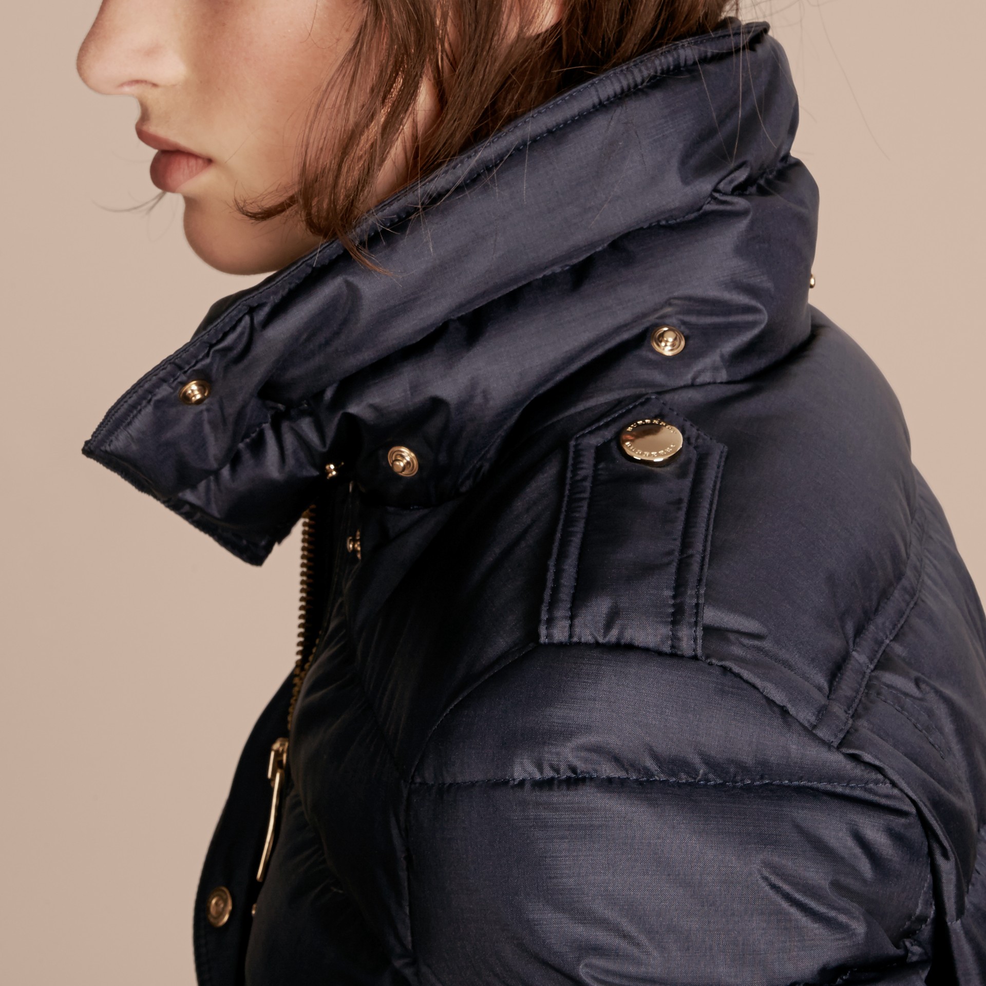 Downfilled Coat with Furtrimmed Hood Navy Burberry