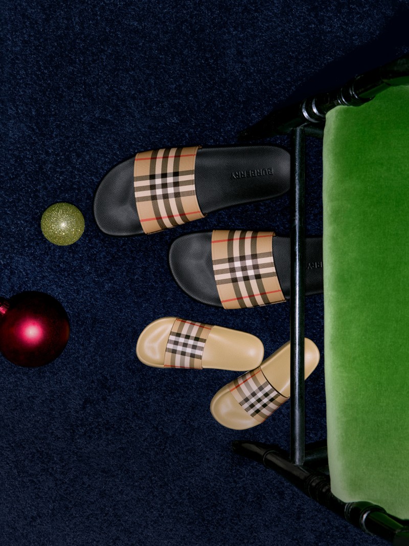 Burberry Festive Campaign featuring the check slides in adult and childrenswear size. 