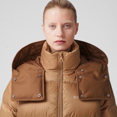 Nylon Hooded Puffer Jacket With Detachable Warmer In Muted Brown ...