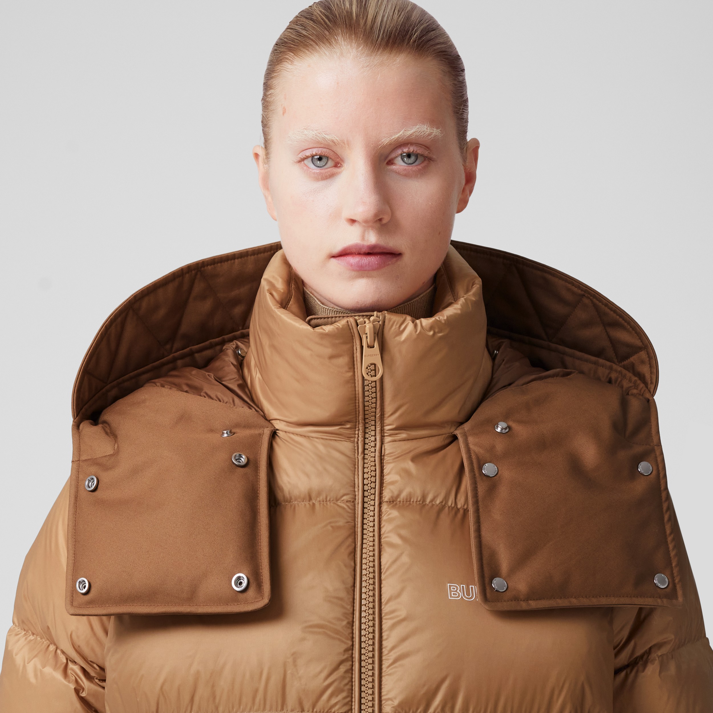 Nylon Hooded Puffer Jacket with Detachable Warmer in Muted Brown - Women | Burberry® Official - 2