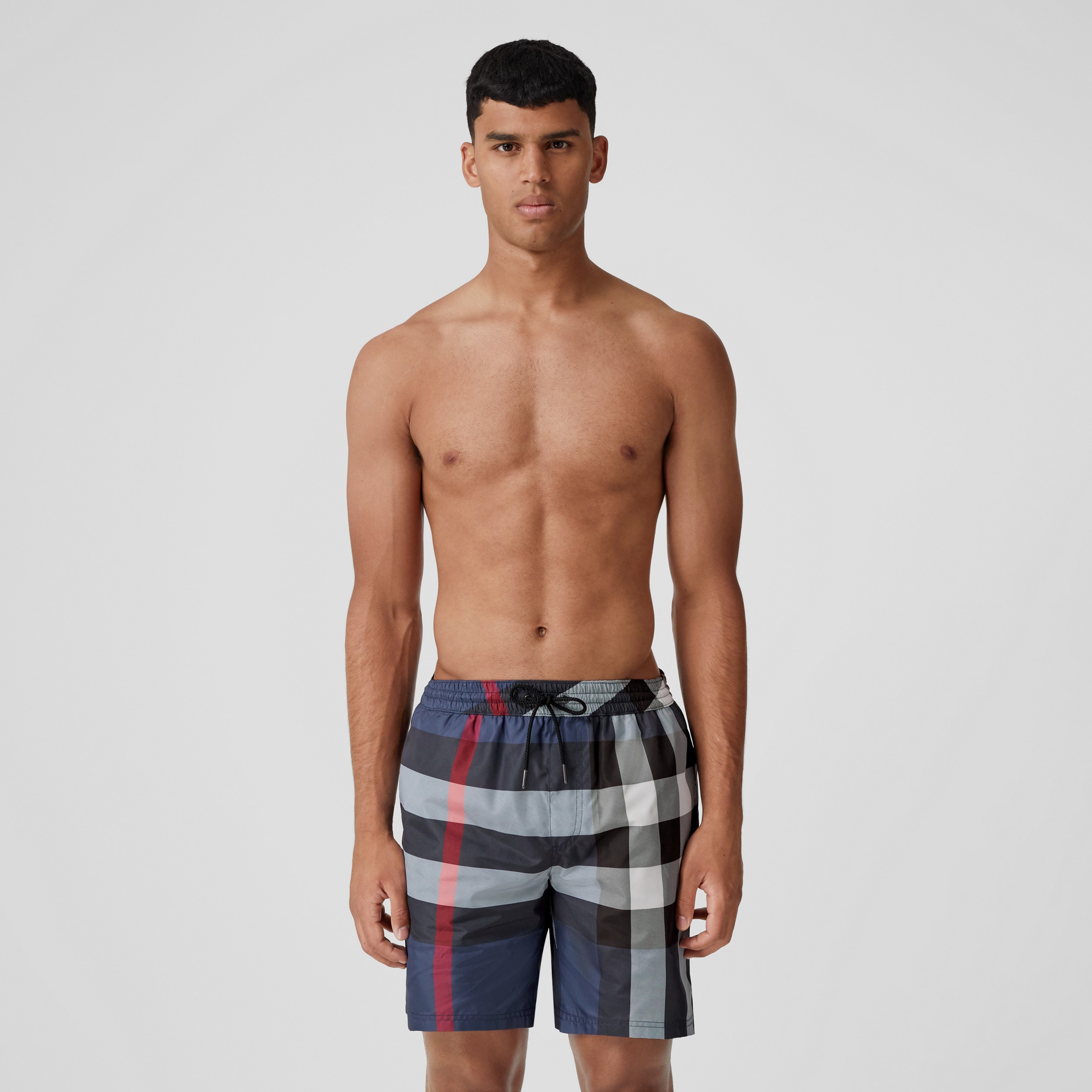 Exaggerated Check Drawcord Swim Shorts in Carbon Blue - Men | Burberry® Official - 1