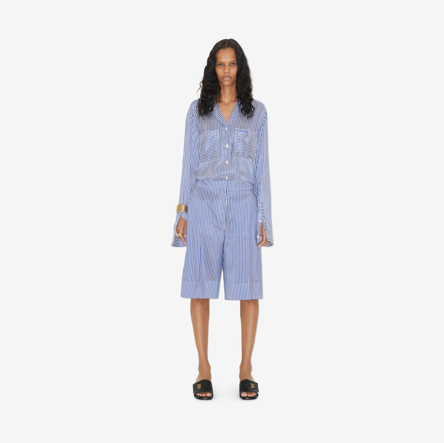 스트라이프 실크 파자마 셔츠 (블루/화이트) - 여성 | Burberry®
