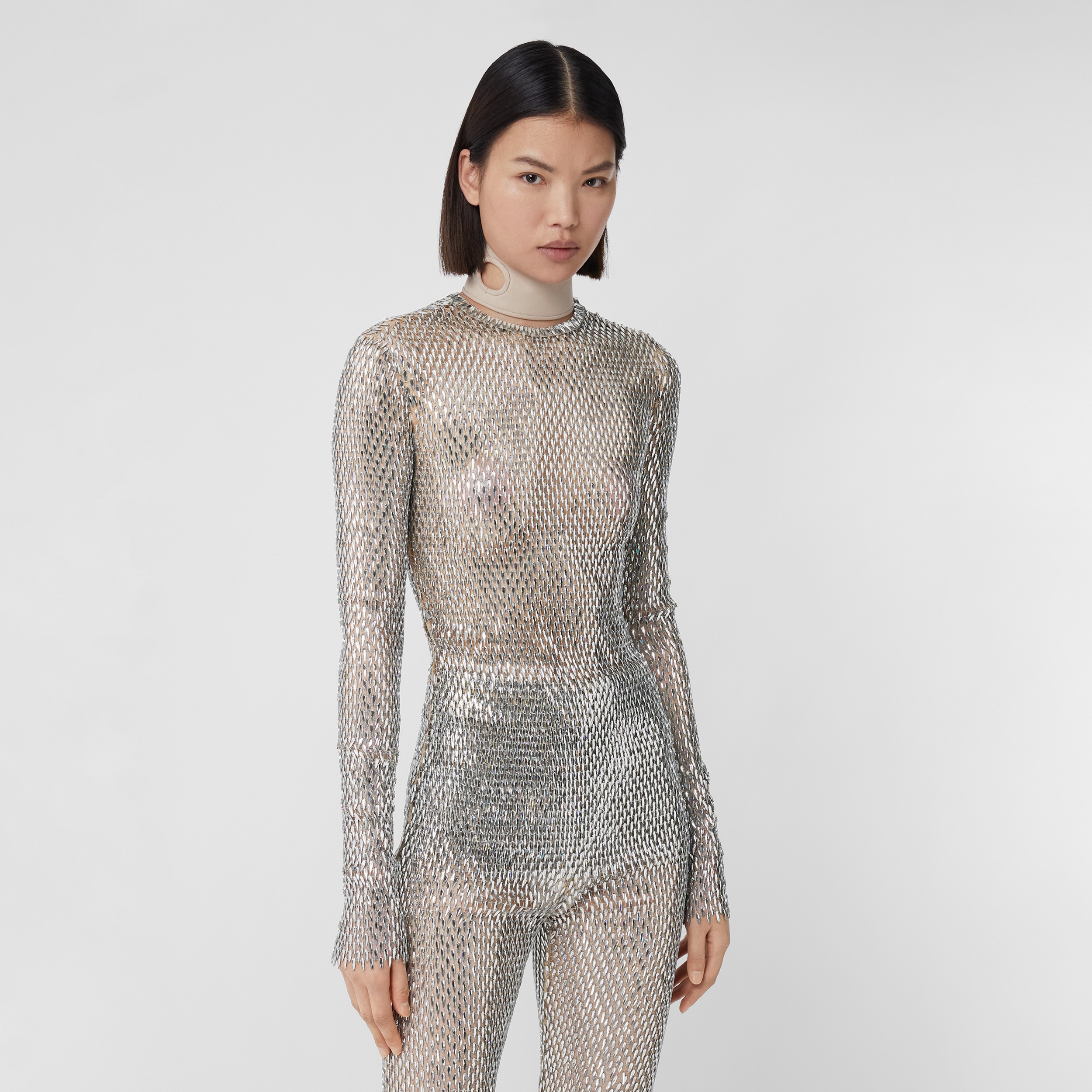Metallic Crystal-embellished Mesh Top in Clear - Women | Burberry® Official - 1