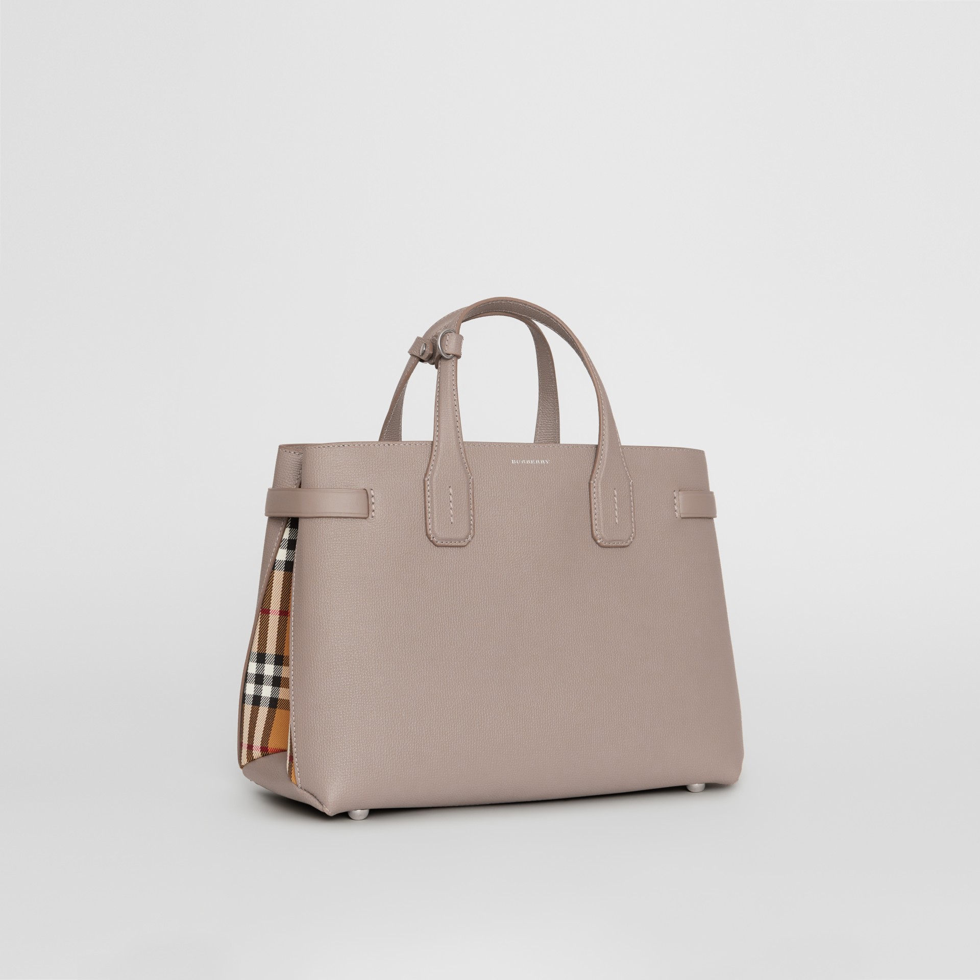 The Medium Banner In Leather And Vintage Check In Taupe Brown