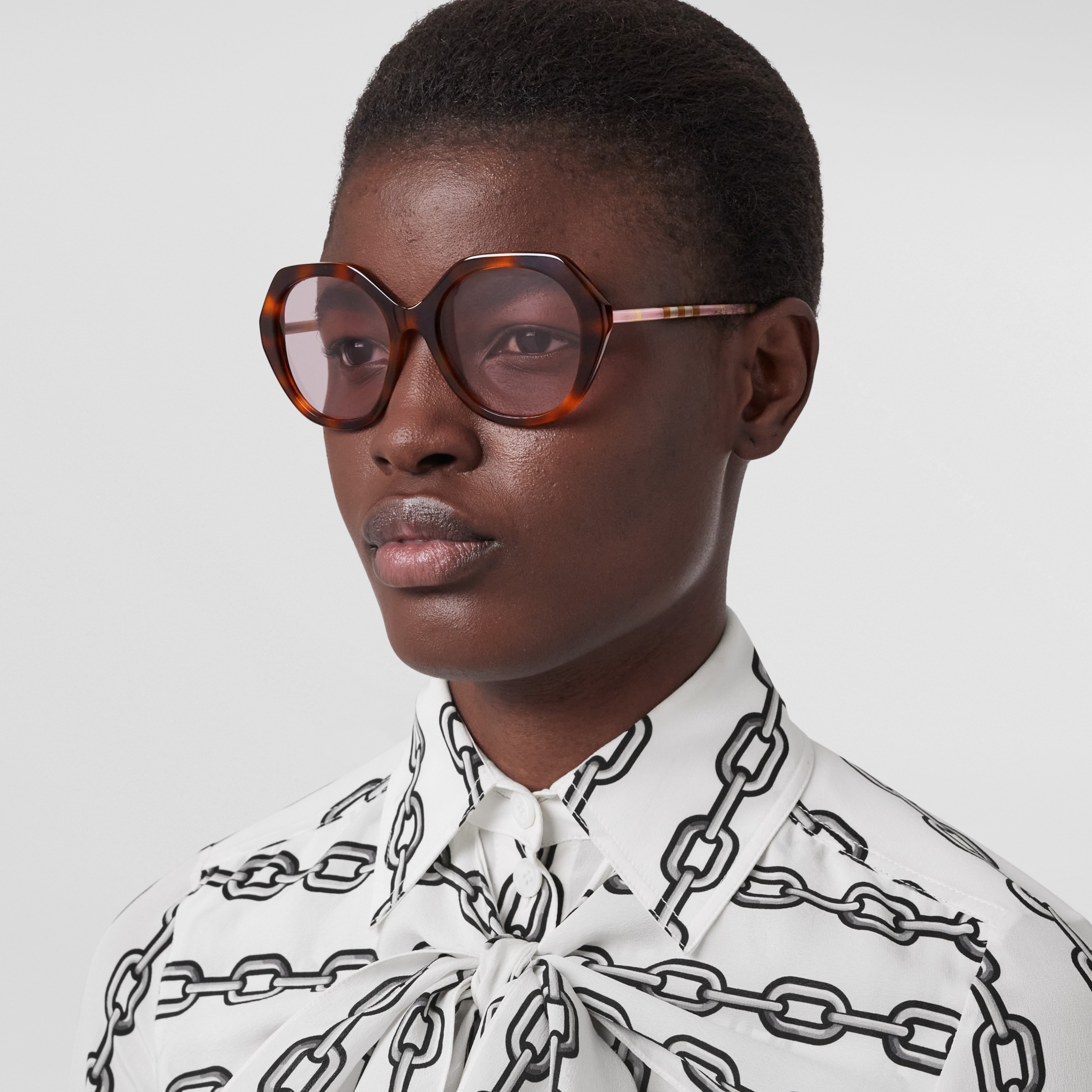 Oversized Check Detail Geometric Frame Sunglasses in Warm Tortoiseshell