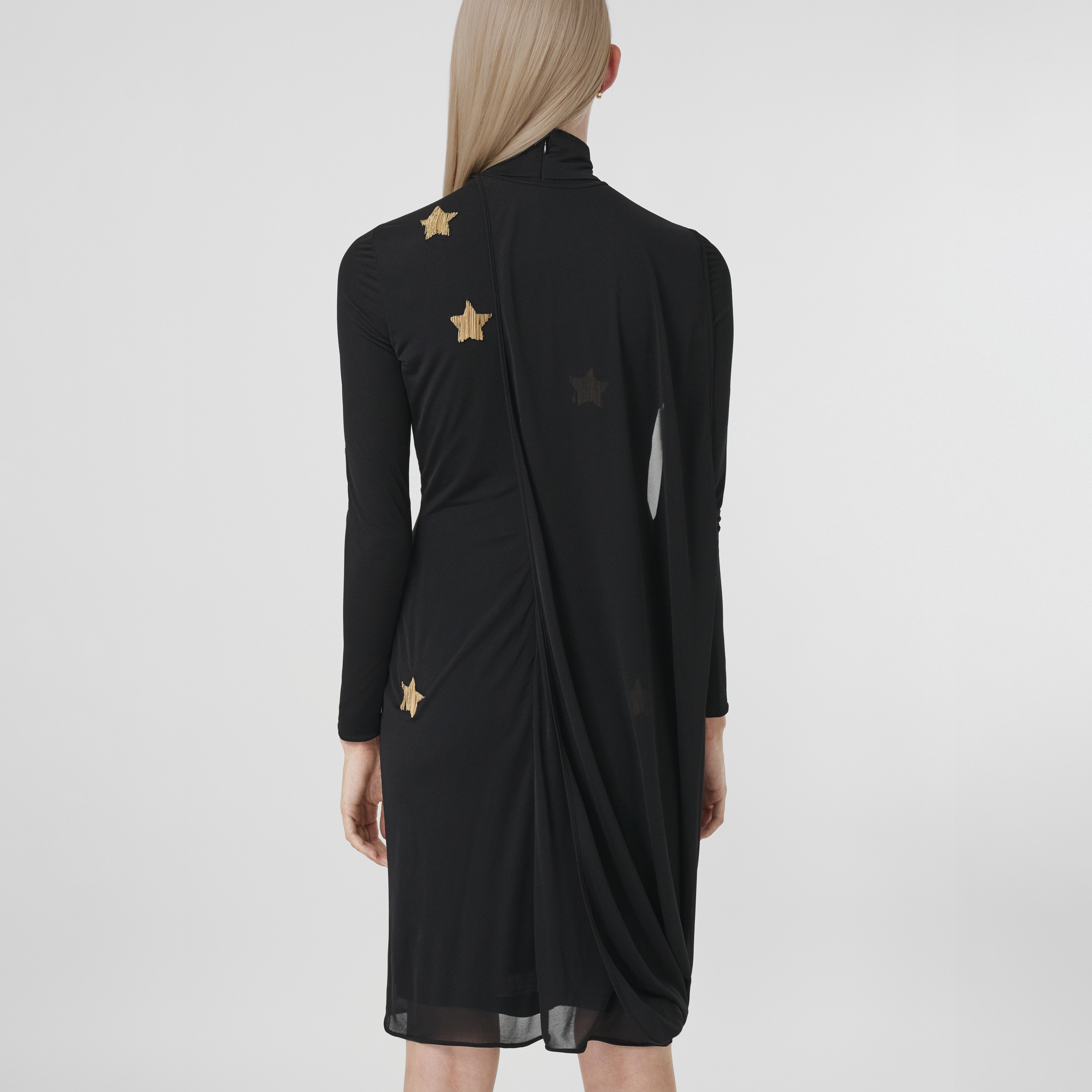 Long-sleeve Star Motif Gathered Silk Viscose Dress in Black - Women | Burberry® Official - 3