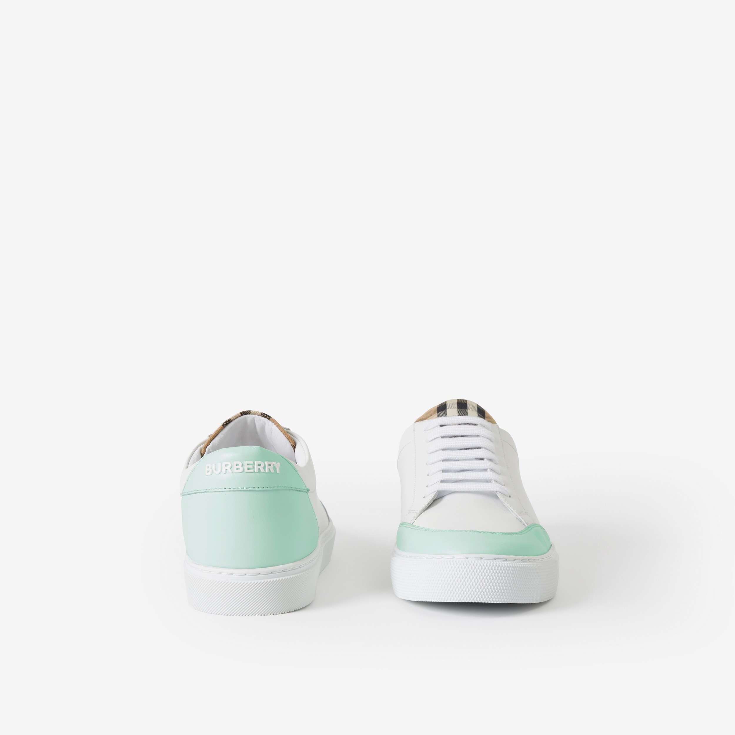 Leather and Check Cotton Sneakers in Optic White/cool Mint - Women | Burberry® Official - 4