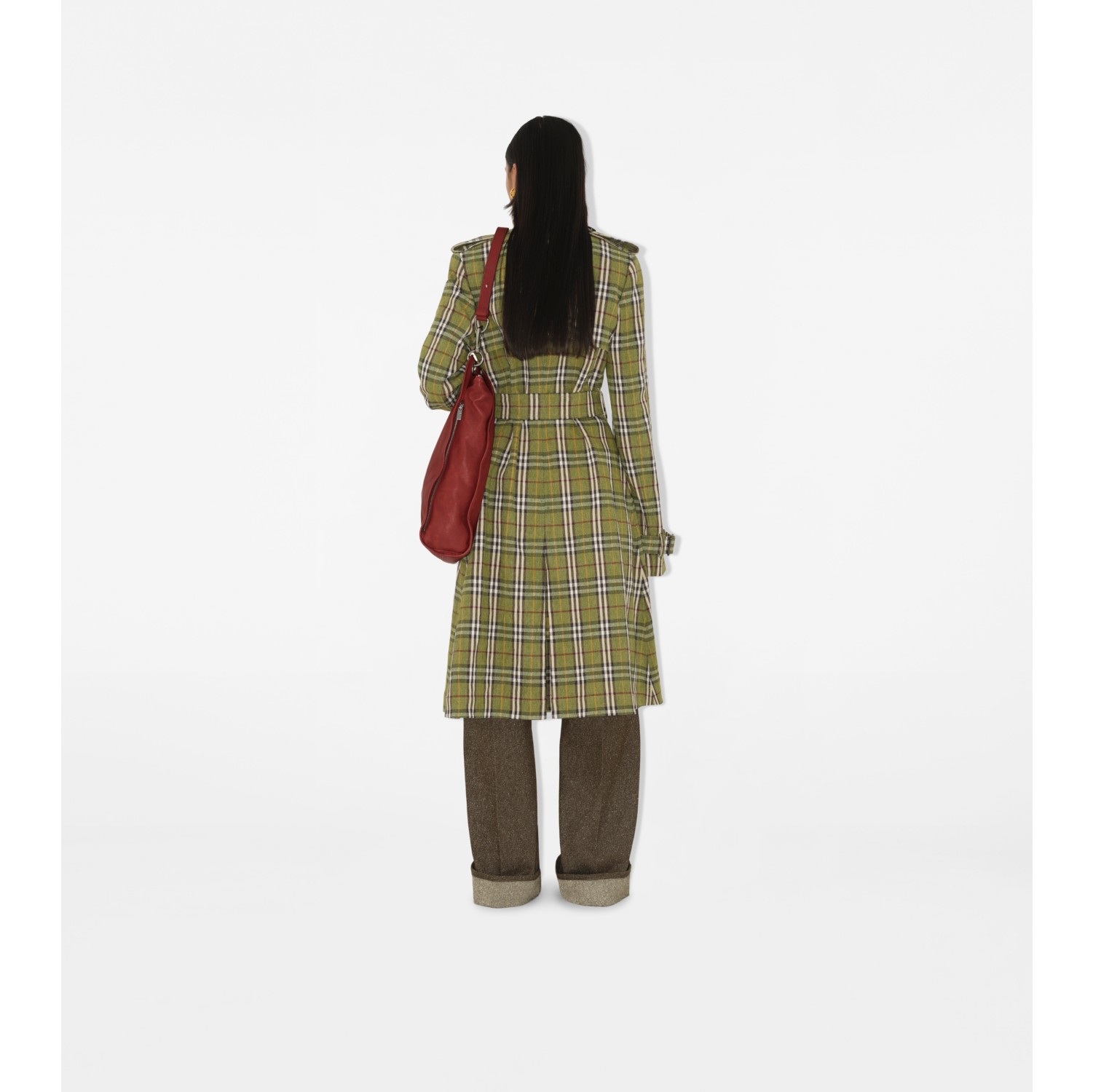 Long Check Stretch Linen Trench Coat