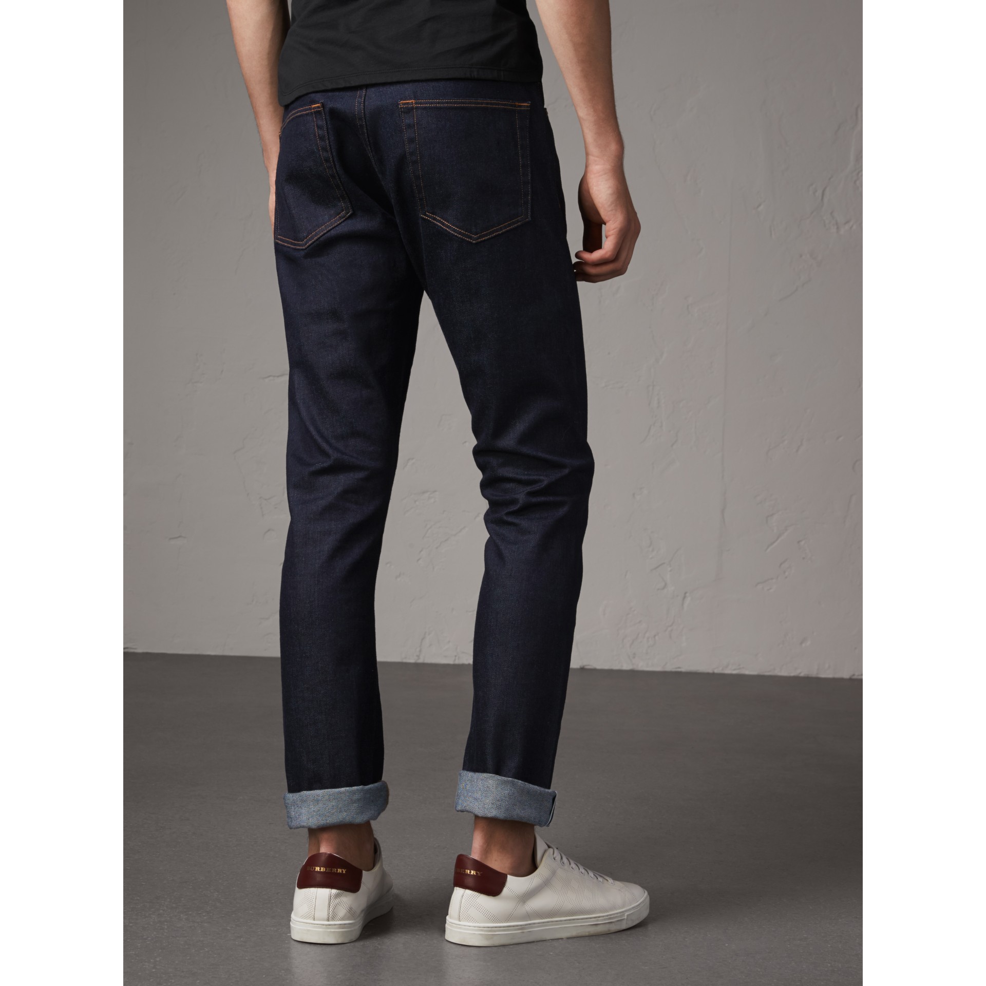 Straight Fit Stretch Japanese Selvedge Denim Jeans in Dark Indigo - Men ...