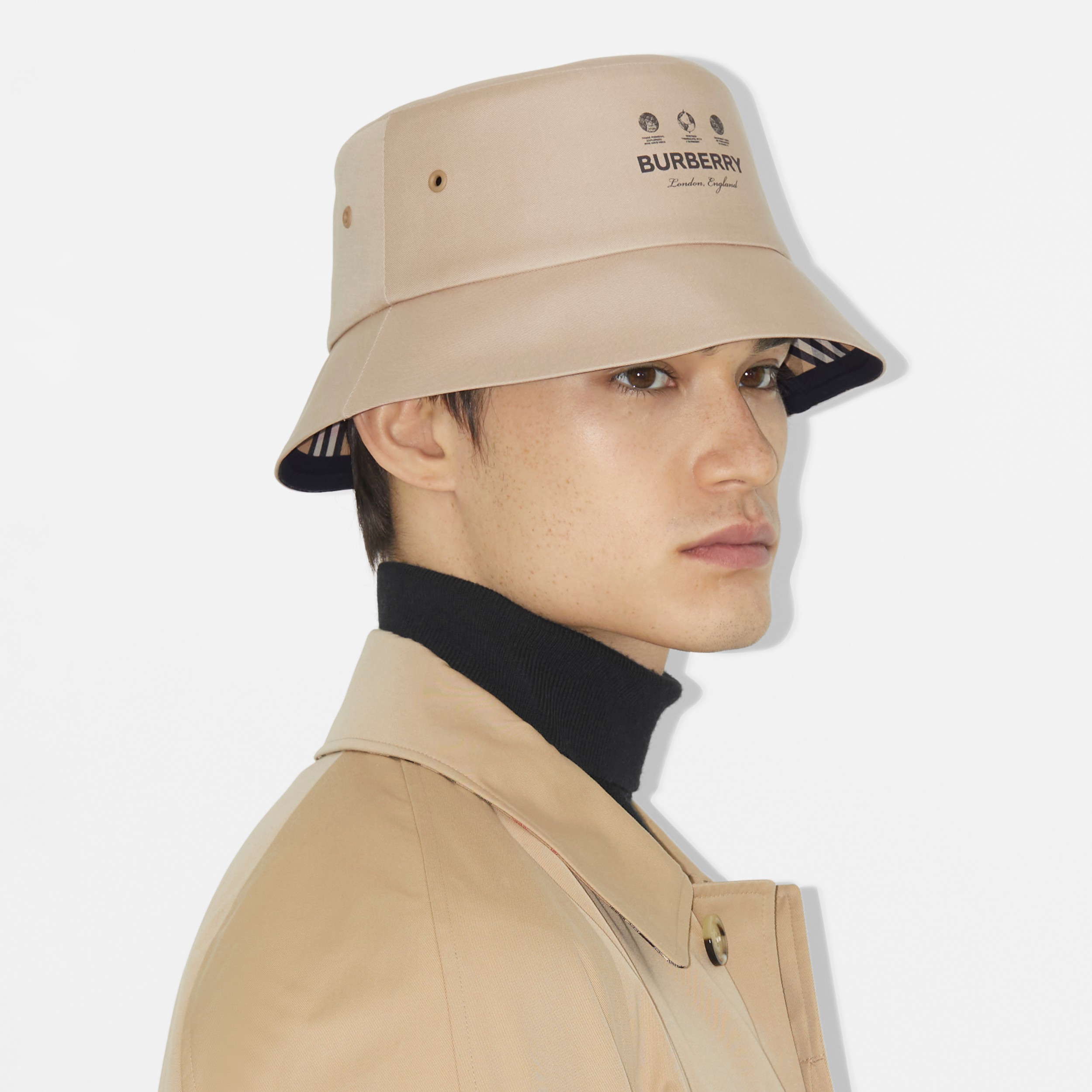 Label Print Cotton Gabardine Bucket Hat in Soft Fawn | Burberry® Official - 4