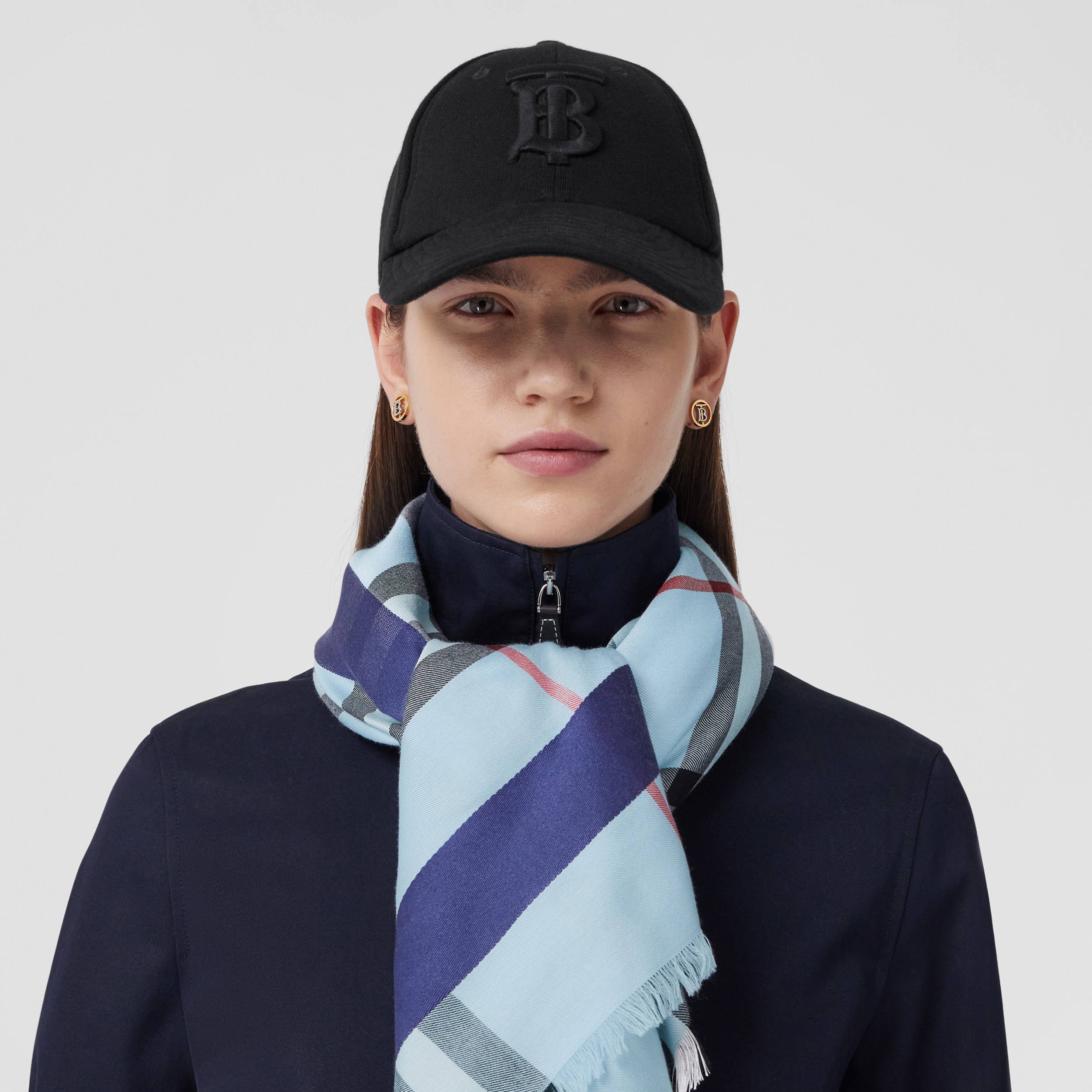 Check Silk Wool Large Square Scarf in Pale Blue | Burberry® Official - 3