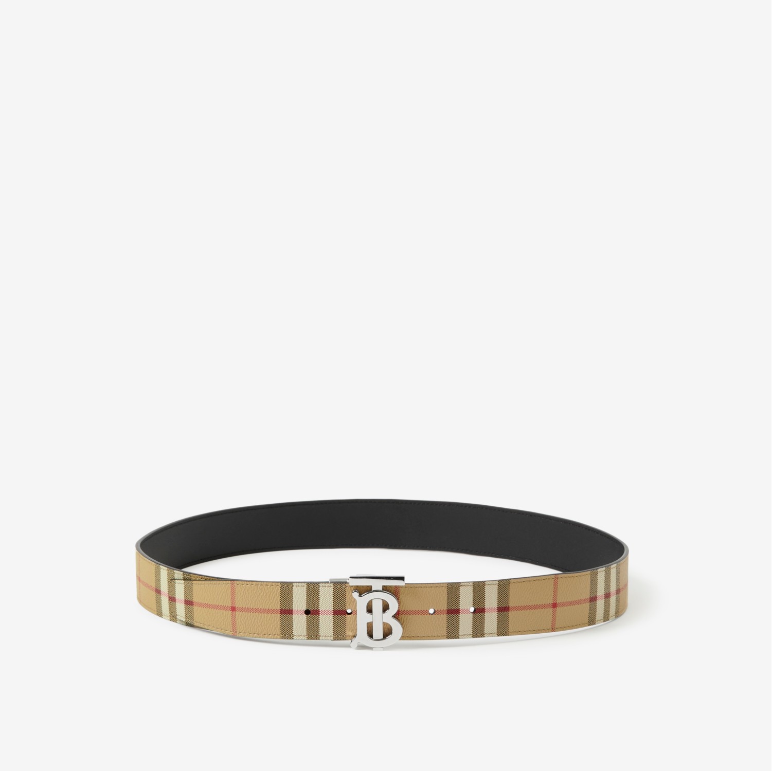 Burberry Tb Buckle Leather Belt In Black Silver