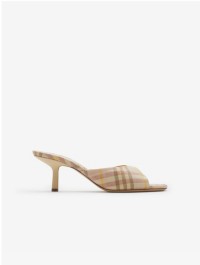 Check Linen Blend Mews Low Mules​ in colour Teacup