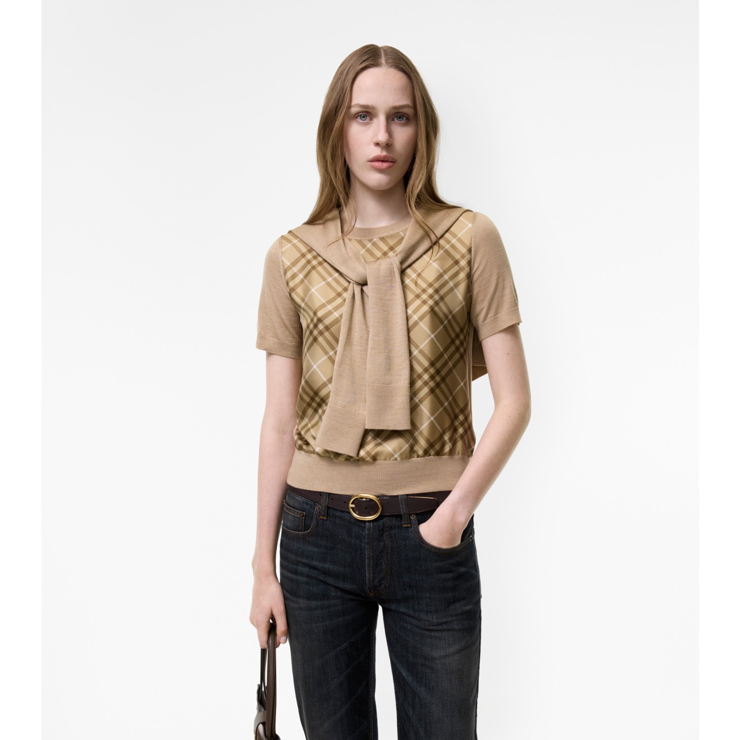 Check Panel Wool Silk T-shirt