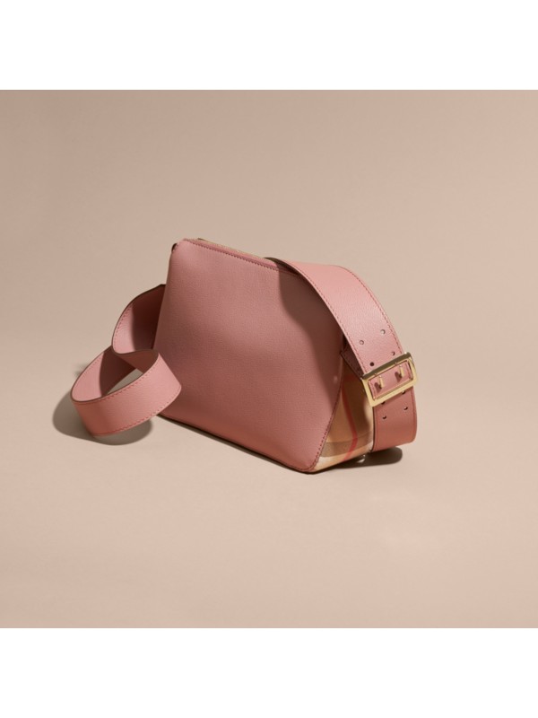 Buckle Detail Leather and House Check Crossbody Bag in Dusty Pink
