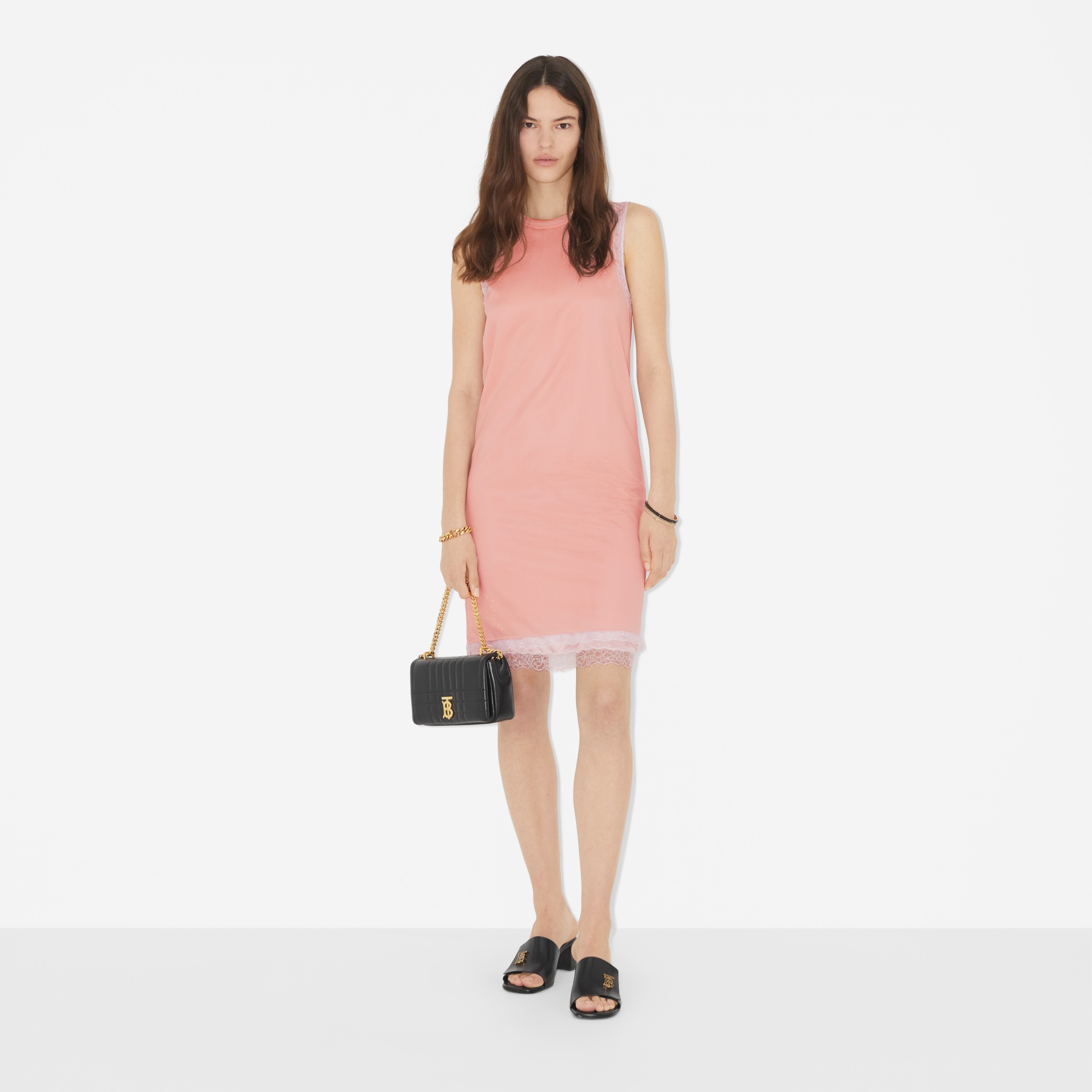 Sleeveless Lace Trim Mesh Dress in Sorbet Pink - Women | Burberry® Official