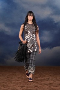Burberry SS26 Show model Sora Choi wearing a Mirror tile embroidered dress and Leather Baez sandals