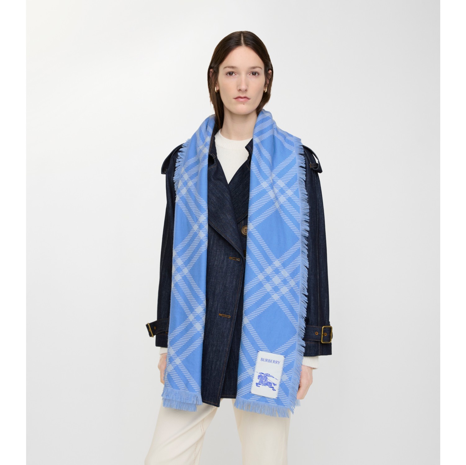 Wide Check Wool Silk Scarf in Dive blue | Burberry® Official