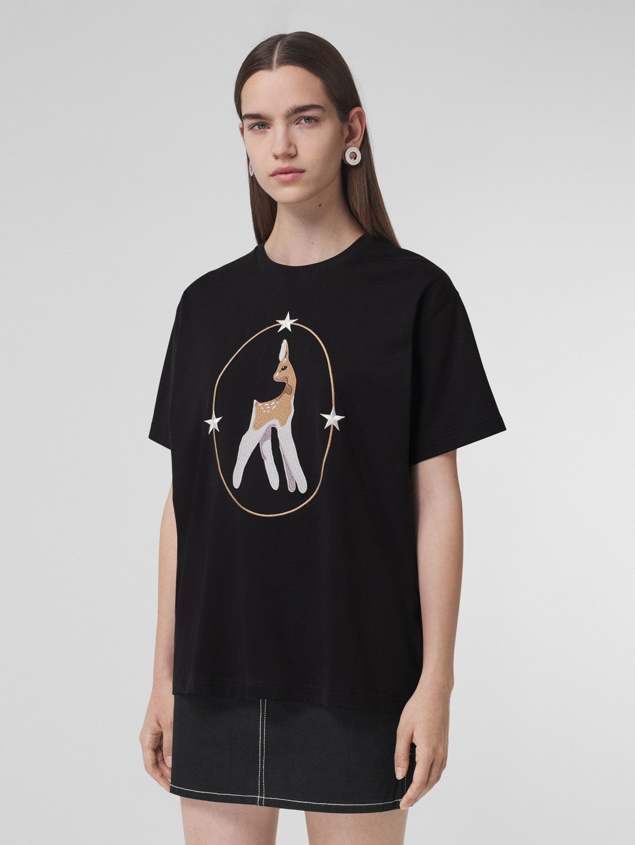 Oversize-T-Shirt aus Baumwolle mit Rehgrafik (Schwarz)