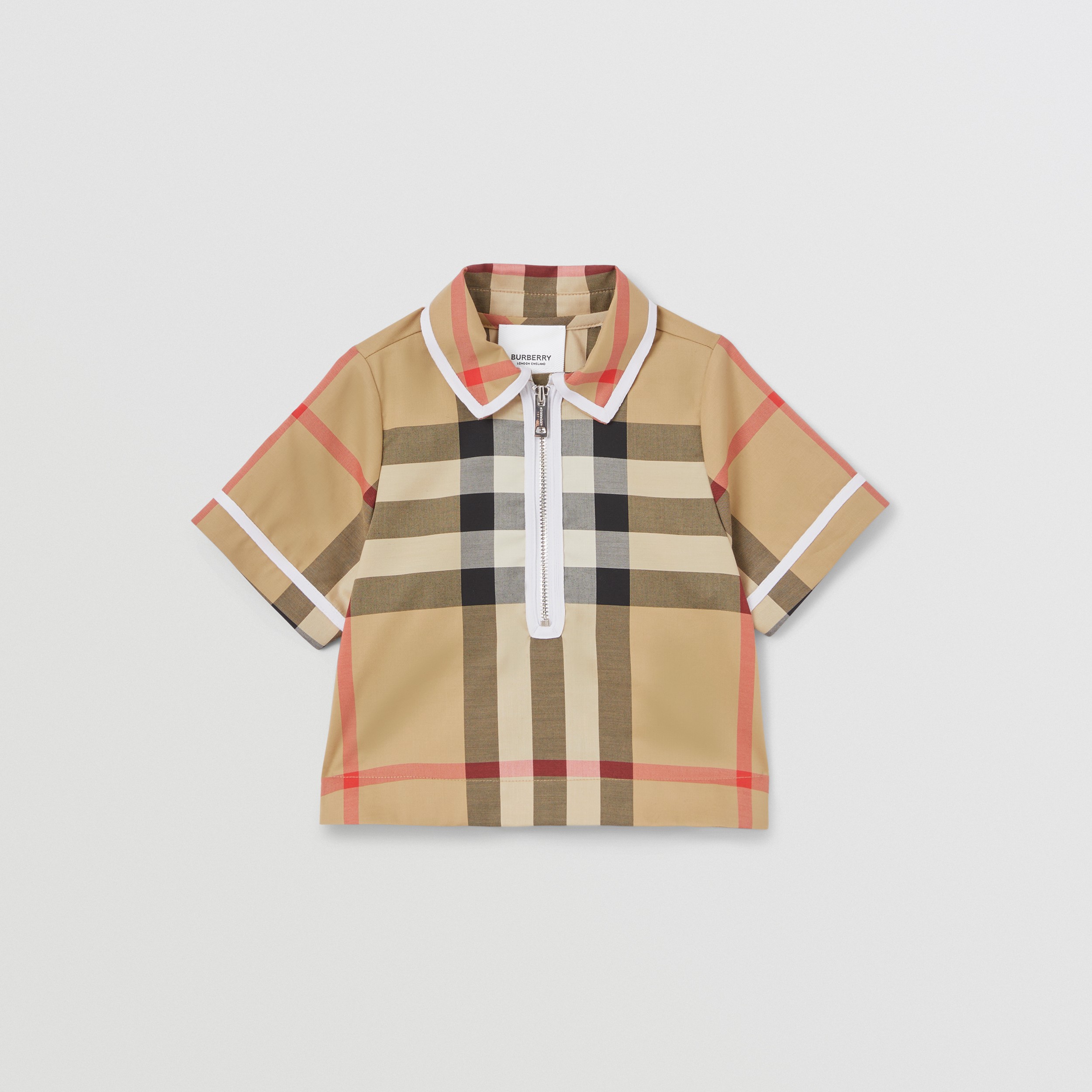Check Stretch Cotton Zip-front Shirt in Archive Beige - Children | Burberry® Official - 1