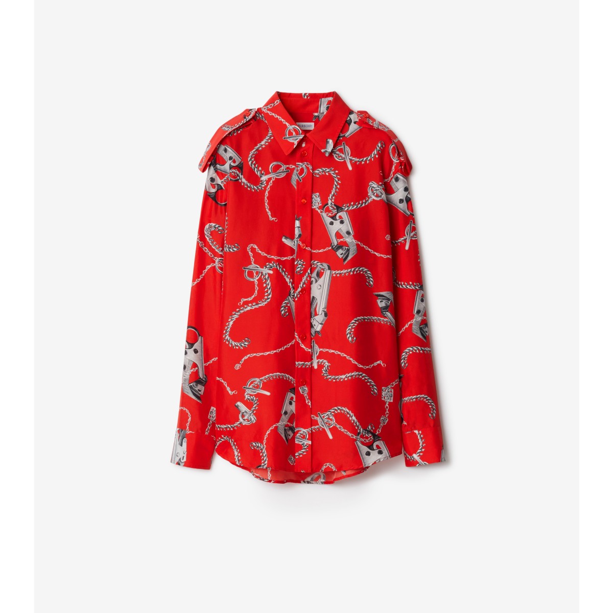 Shop Burberry Knight Hardware Silk Shirt In Silver/red