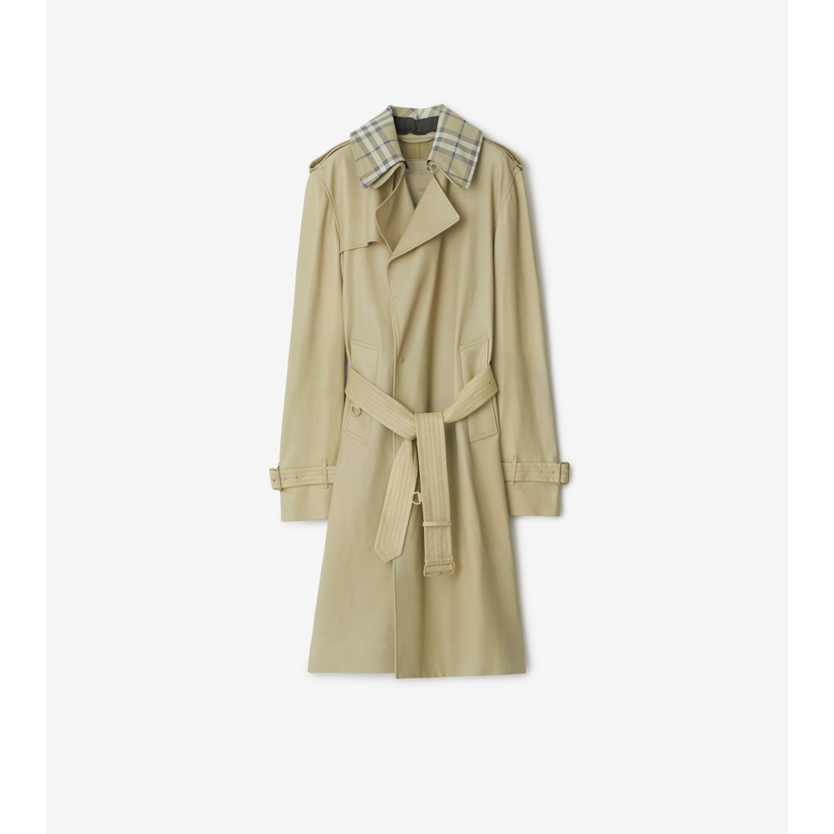 Burberry Leather Trench Coat With Check Collar In Hunter