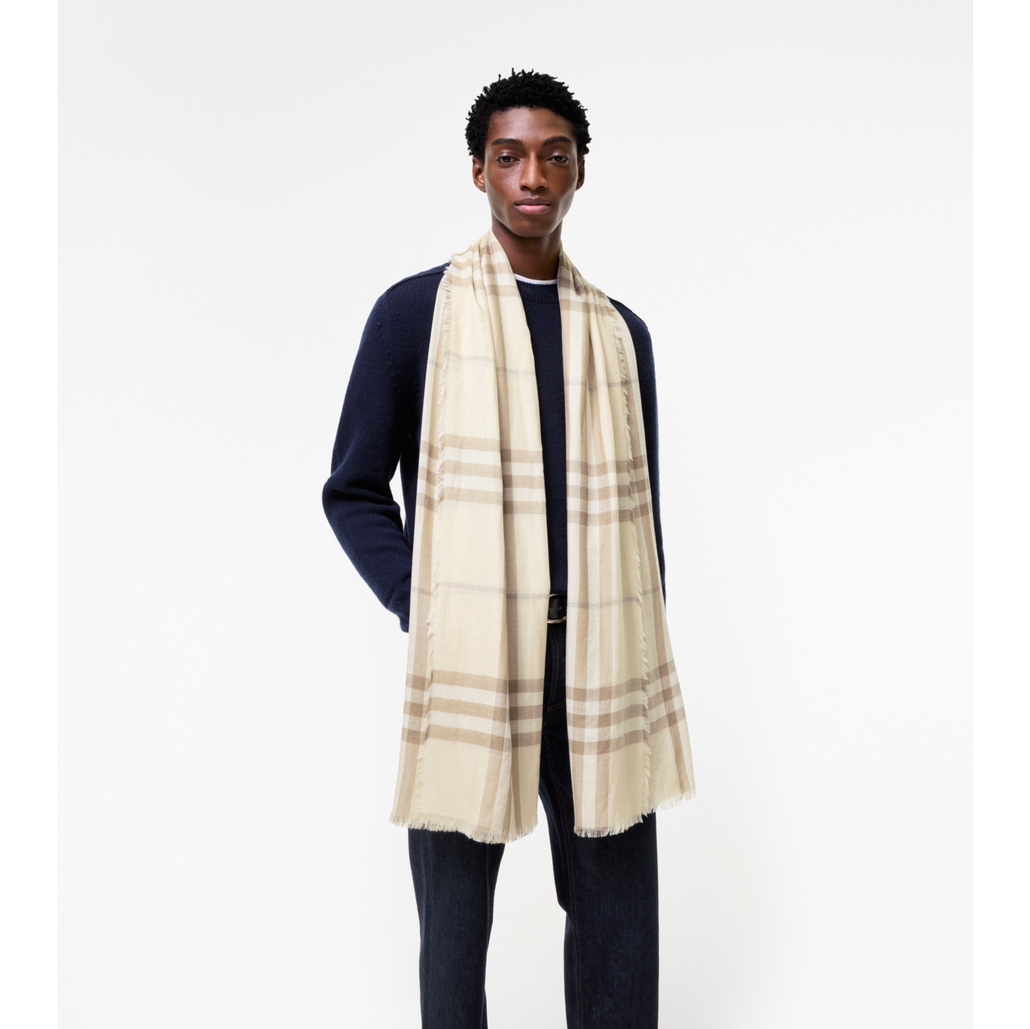 Wide Reversible Check Wool Silk Scarf in Sesame beige | Burberry® Official
