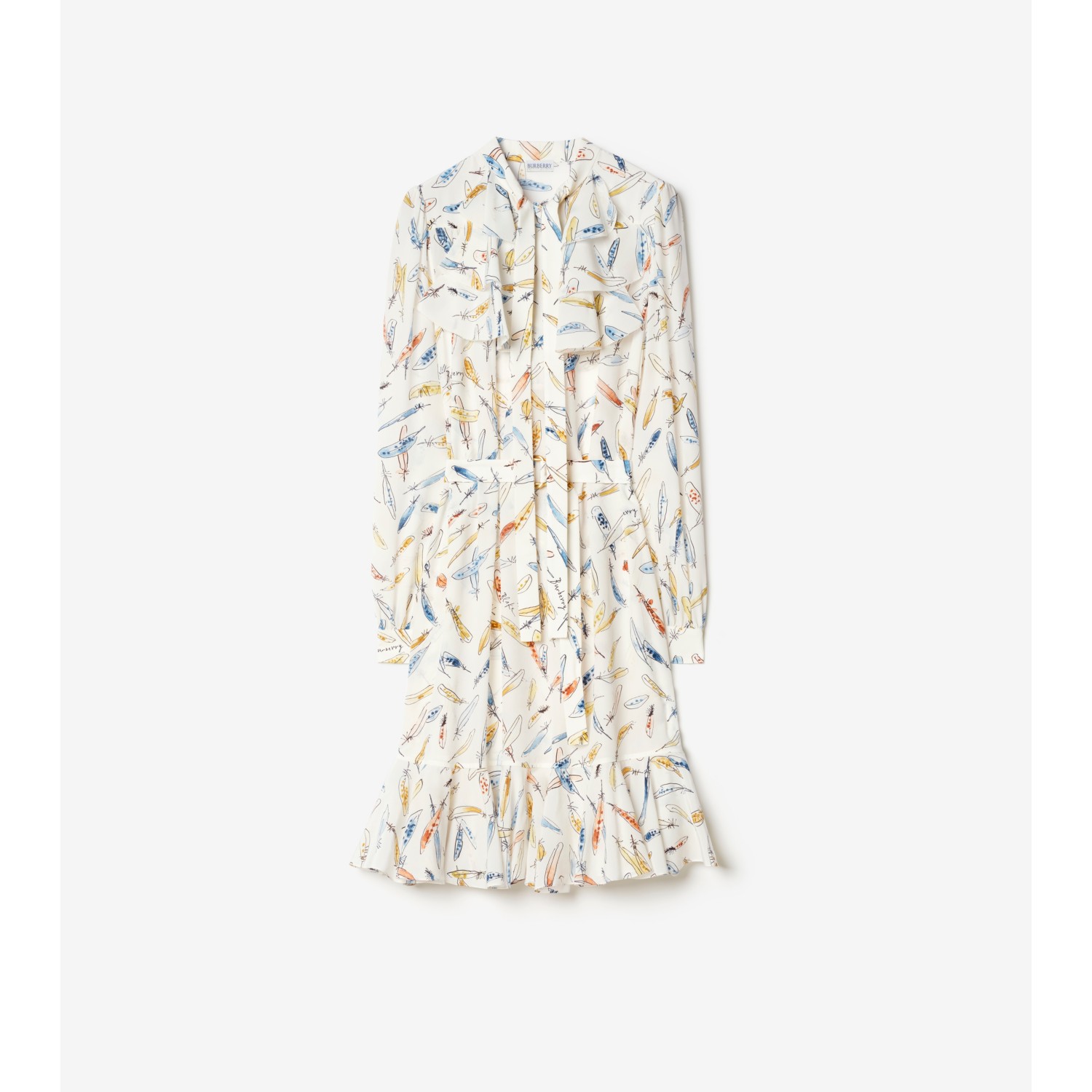 Ruffled Feather Print Silk Dress