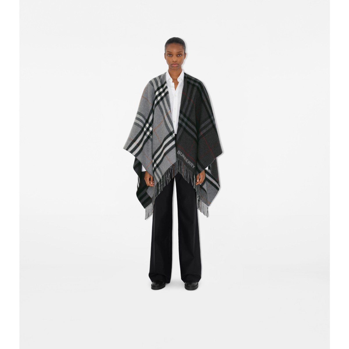 Check Contrast Wool Cashmere Jacquard Cape