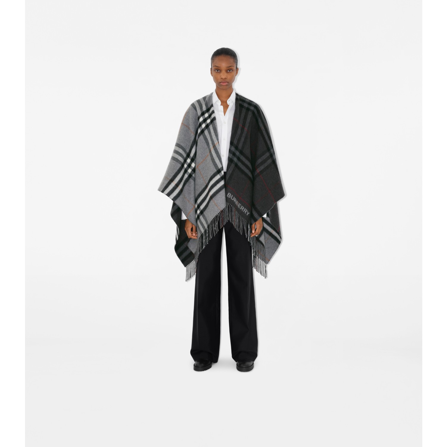 Contrast Check Wool Cashmere Jacquard Cape