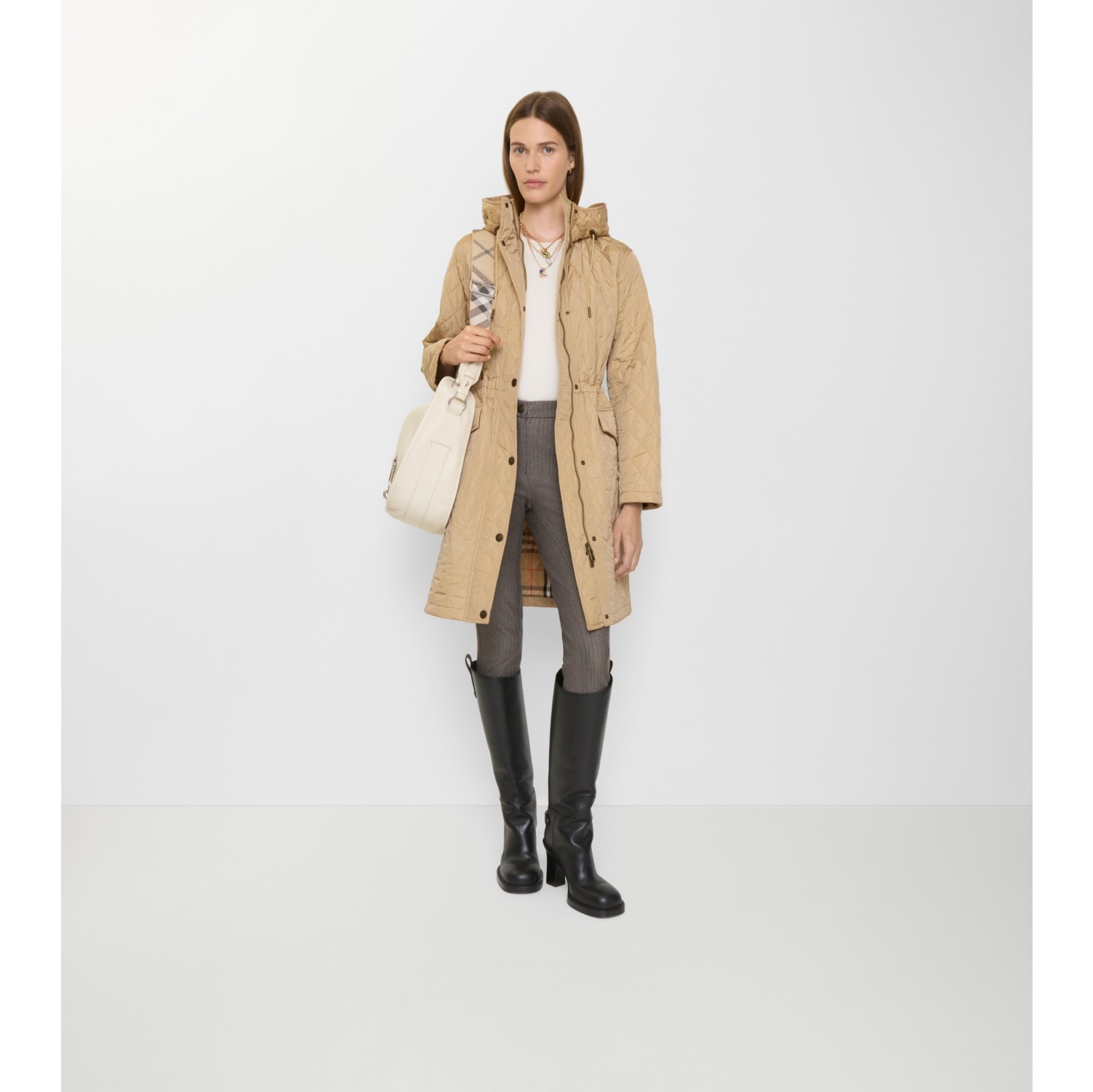 キルティング ナイロン フーデッドコート (フラックスベージュ