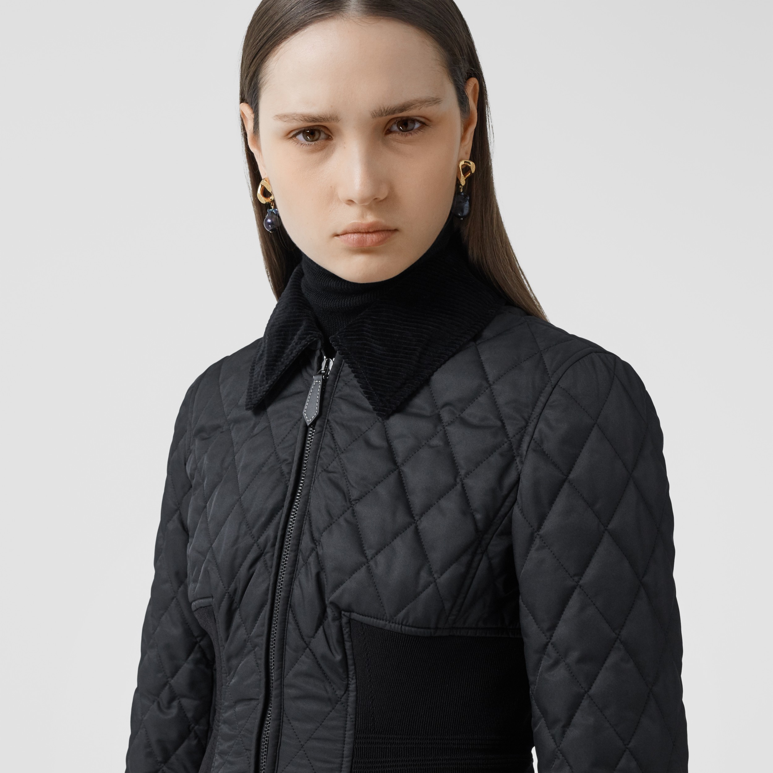 Rib Knit Panel Diamond Quilted Barn Jacket in Black - Women | Burberry ...