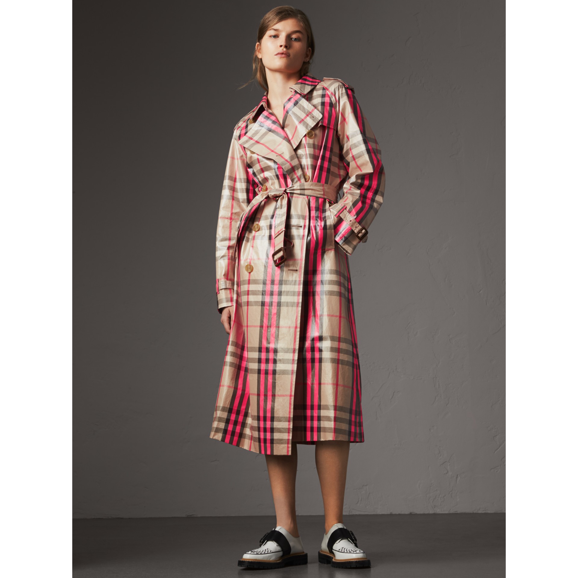 Laminated Check Trench Coat in Neon Pink - Women | Burberry United States