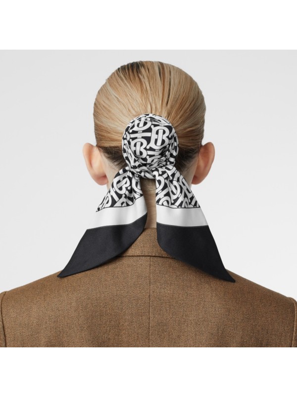 Monogram Print Silk Hair Scarf in Monochrome - Women | Burberry United