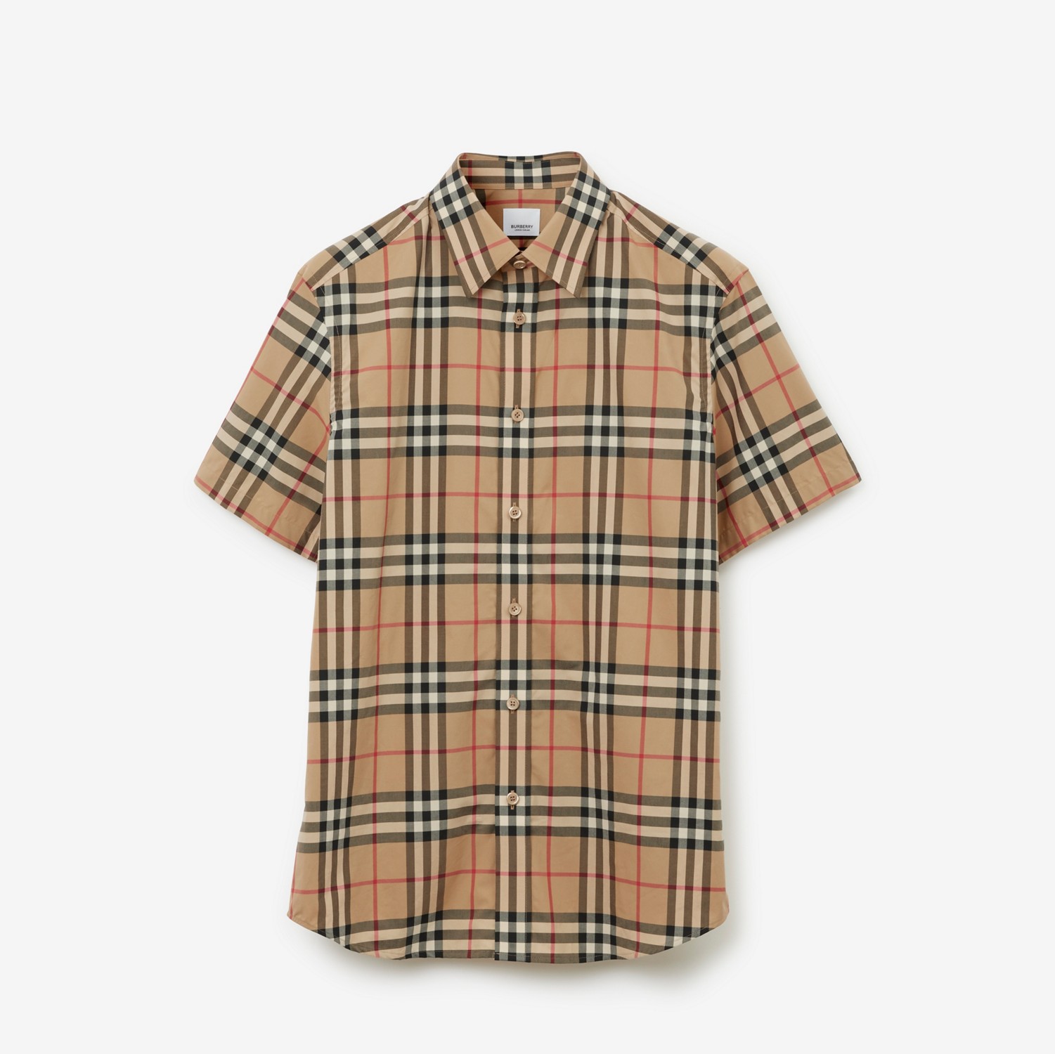 Camisa xadrez de algodão stretch com mangas curtas (Bege Clássico) - Homens | Burberry® oficial