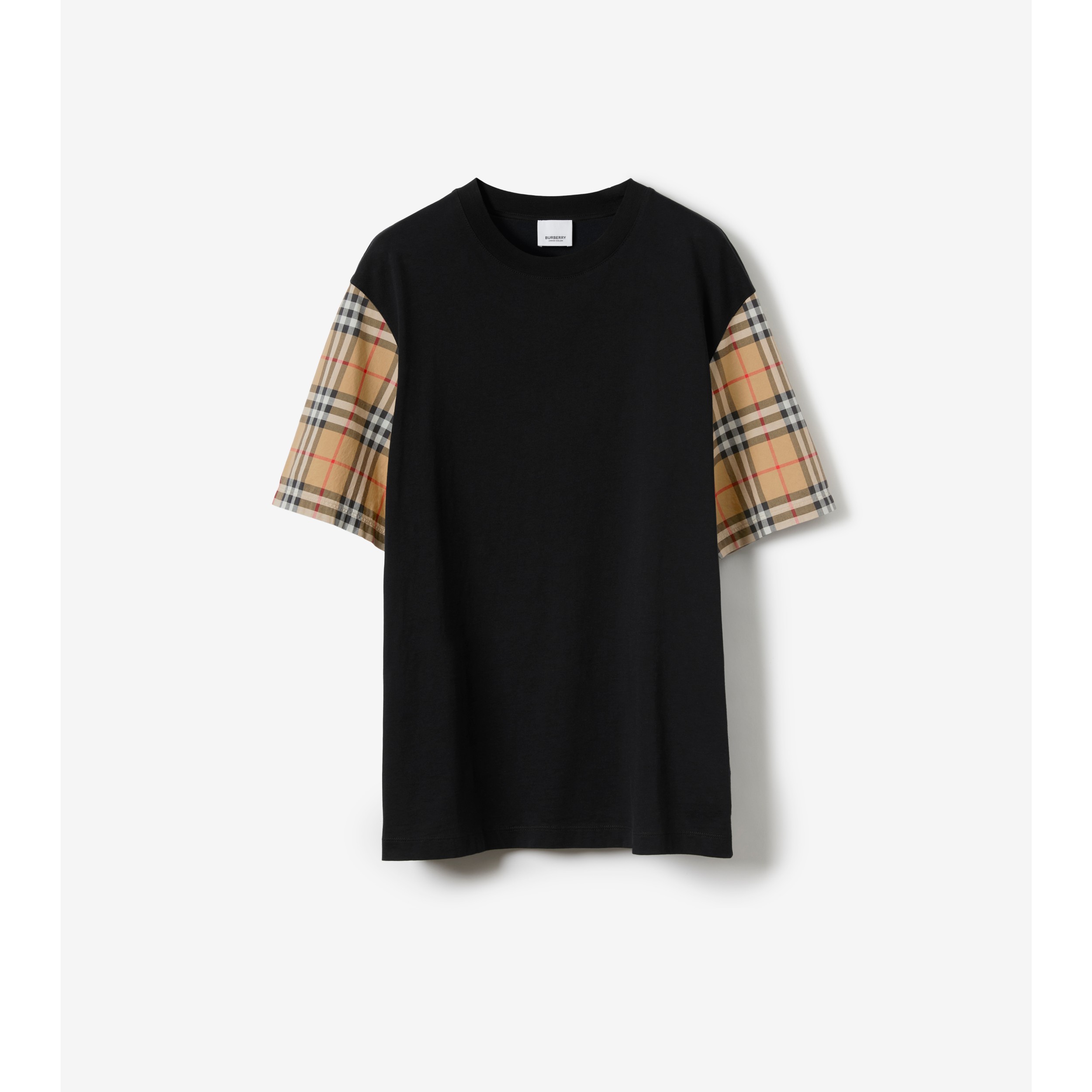 Check Sleeve Cotton T-Shirt In Black - Women | Burberry® Official