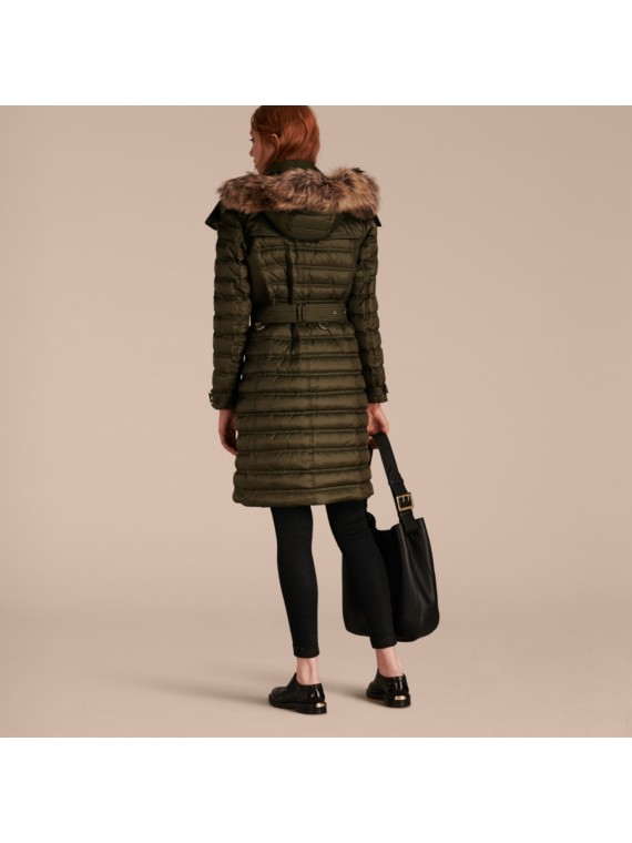 Down-Filled Puffer Coat with Fur Trim Dark Olive | Burberry