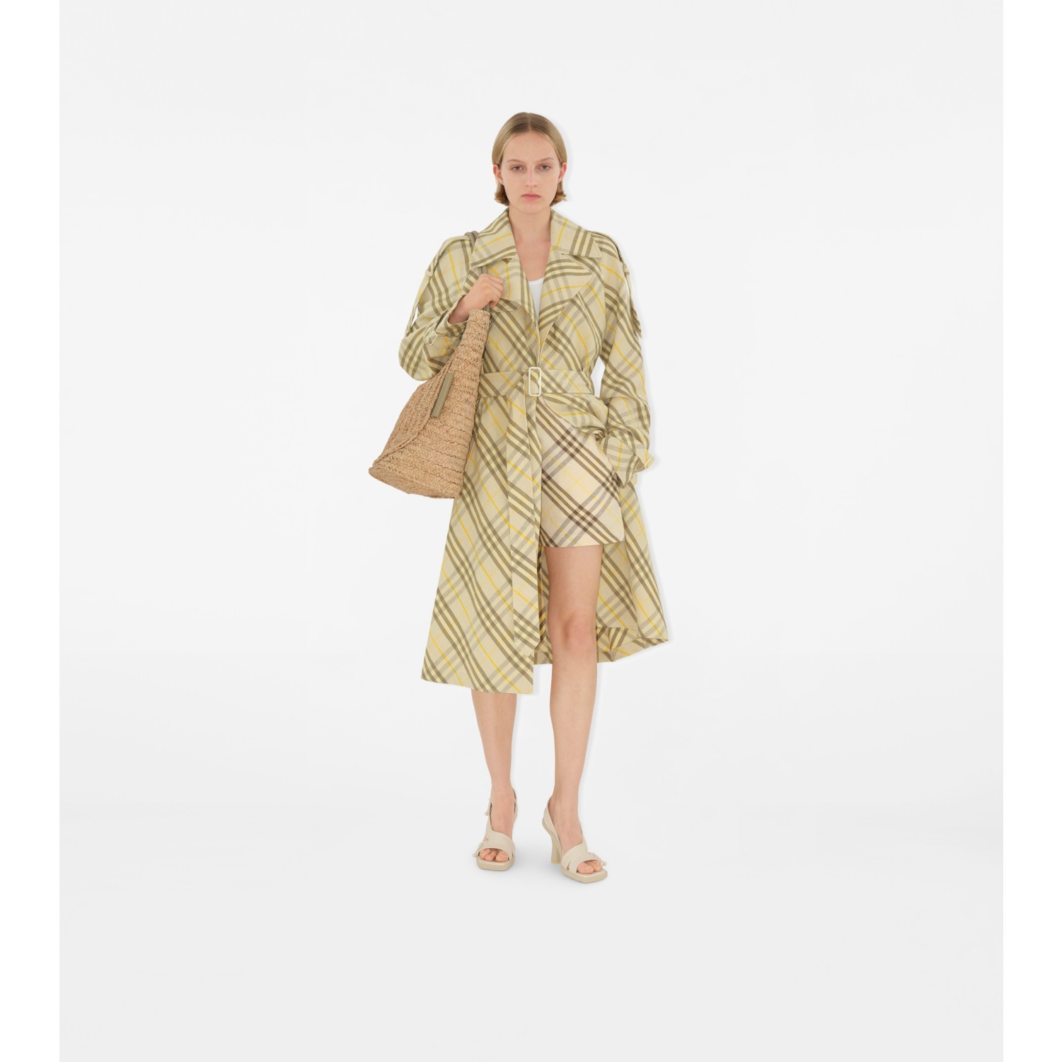 Long Check Linen Trench Coat in Wheat Women Burberry Official