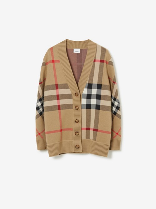 Burberry Check Wool Blend Cardigan In Archive Beige