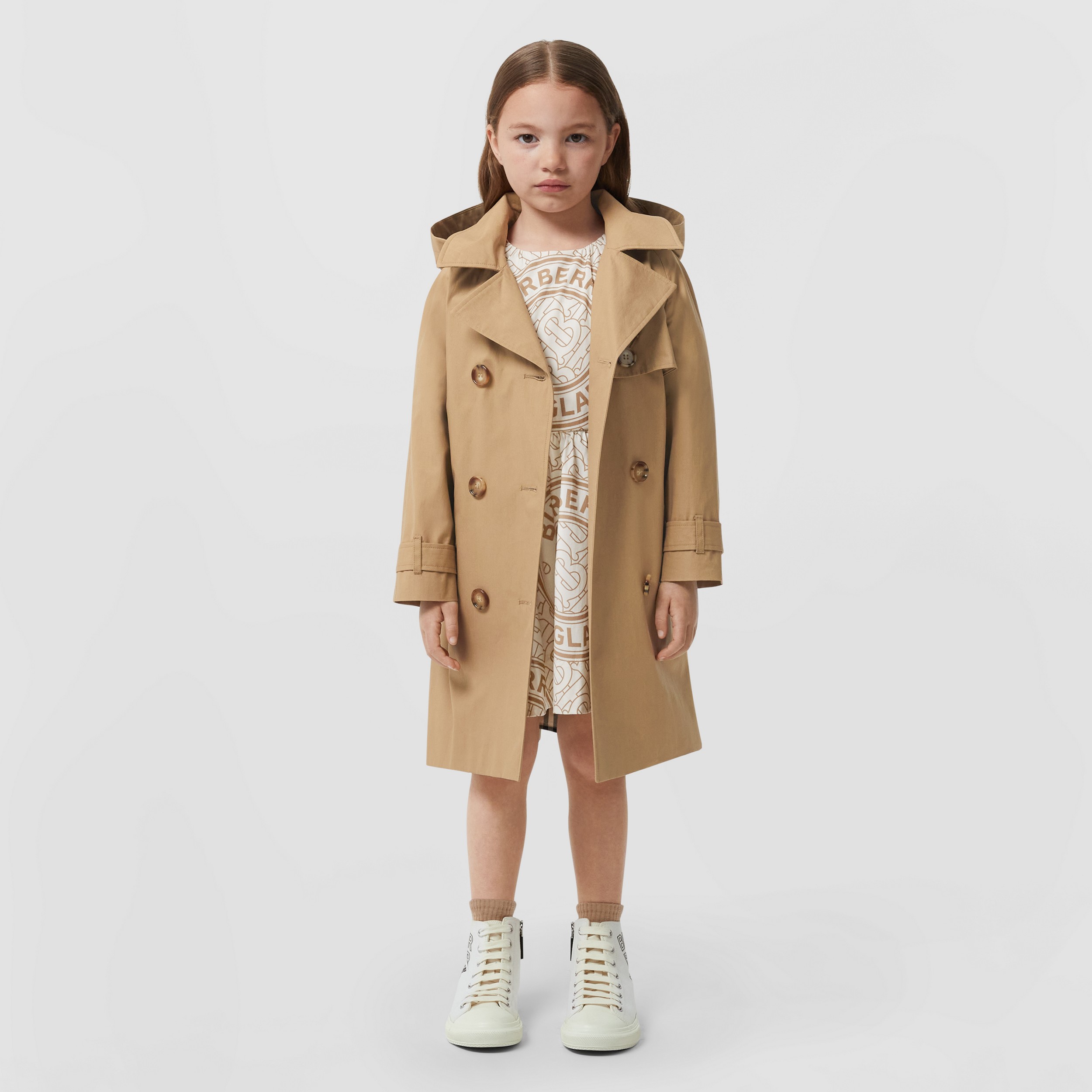 Detachable Hood Pleated Cotton Trench Coat in Archive Beige | Burberry® Official - 3