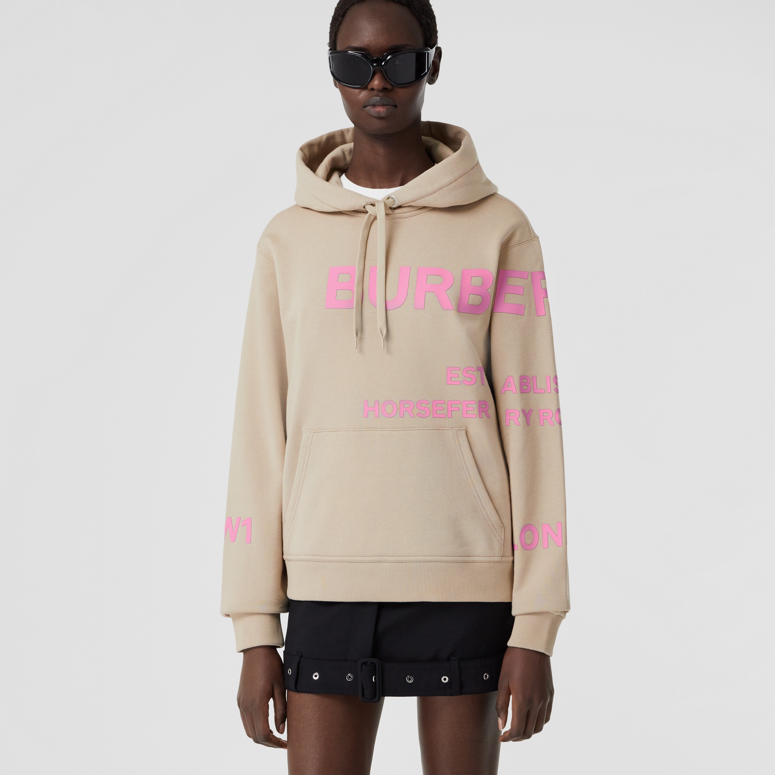 Horseferry Print Cotton Oversized Hoodie in Soft Fawn - Women | Burberry® Official