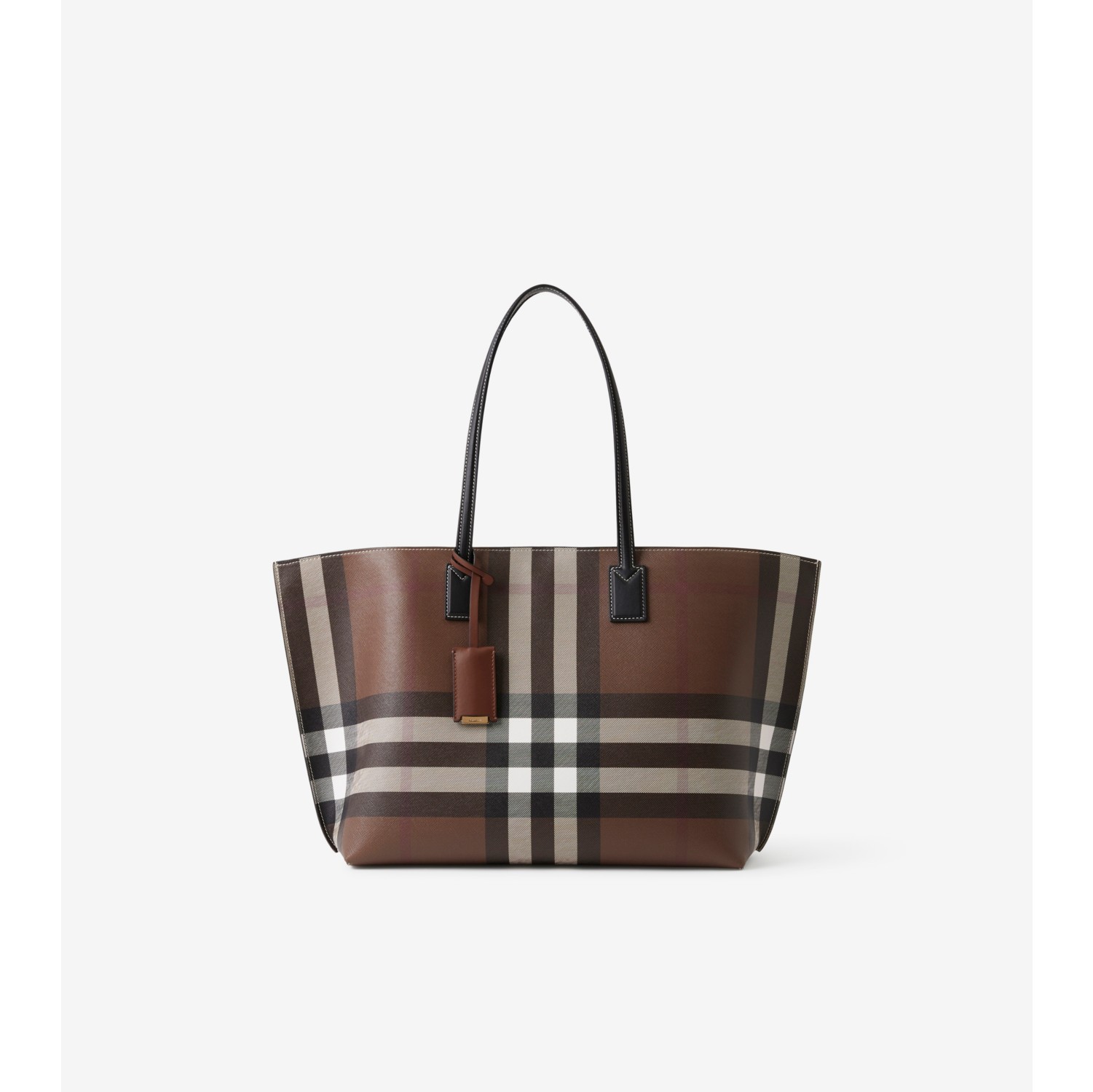 Check and Leather Medium Tote in Dark Birch Brown - Burberry