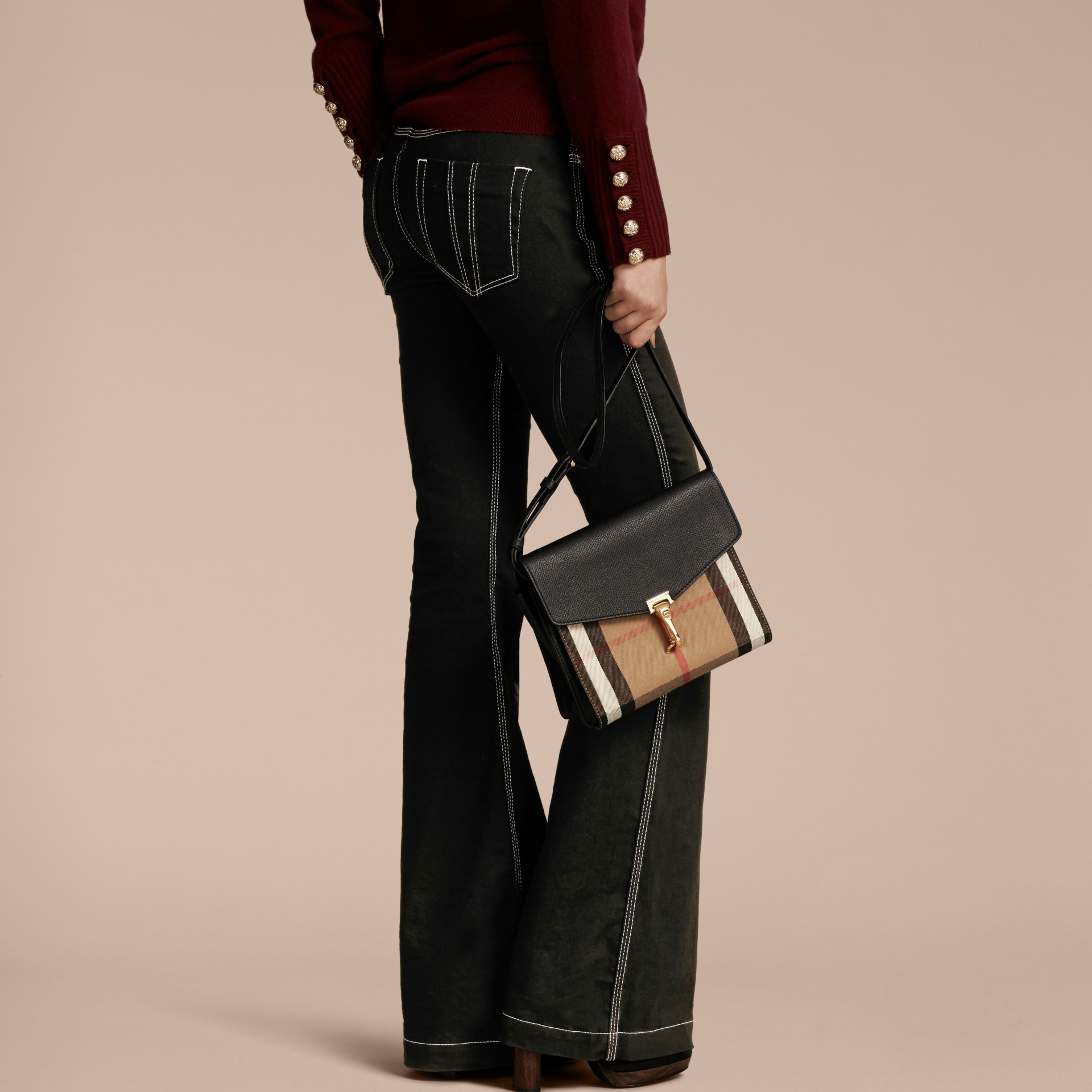 Small Leather and House Check Crossbody Bag in Black - Women | Burberry Canada