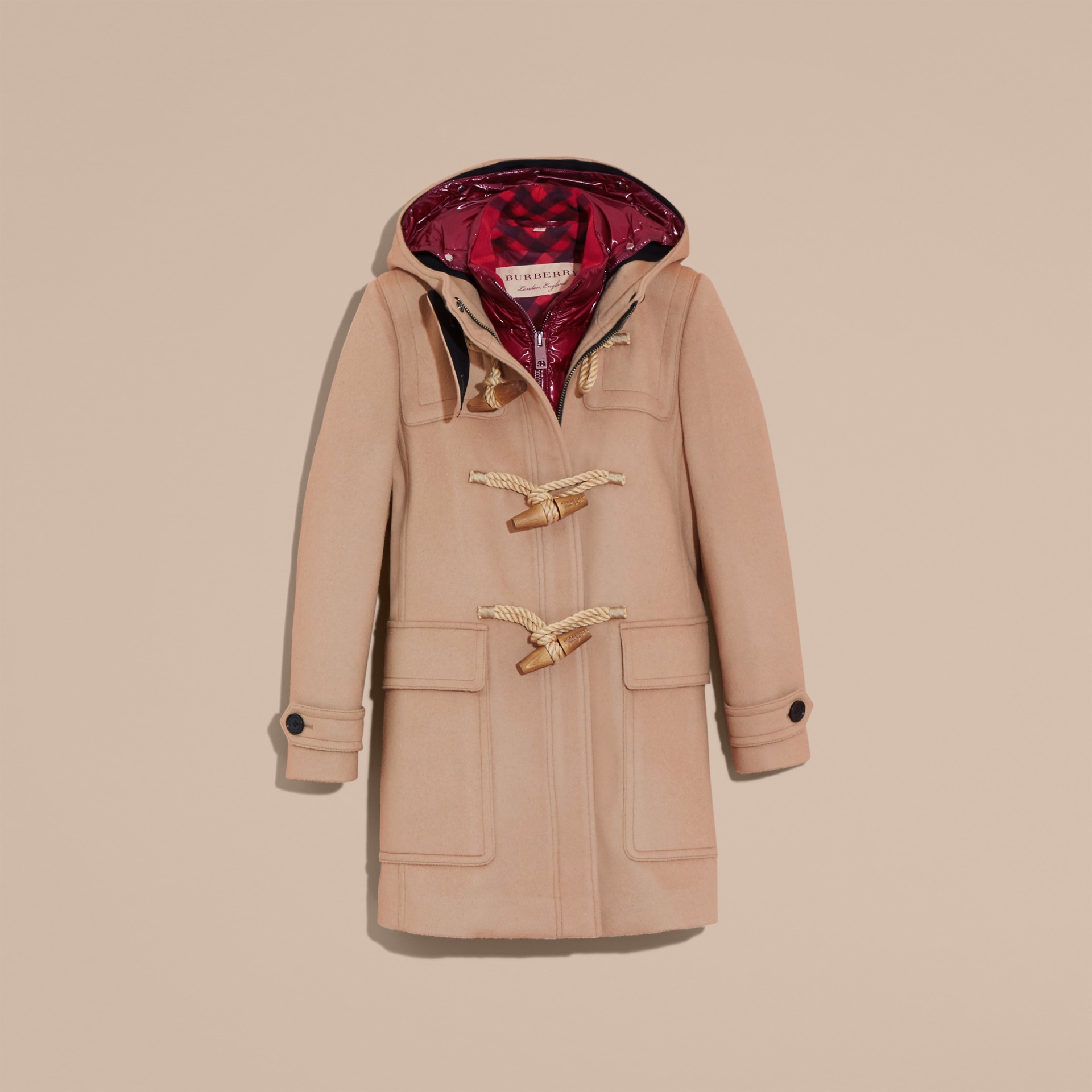 Wool Duffle Coat with Detachable Hooded Downfilled Warmer Camel Burberry