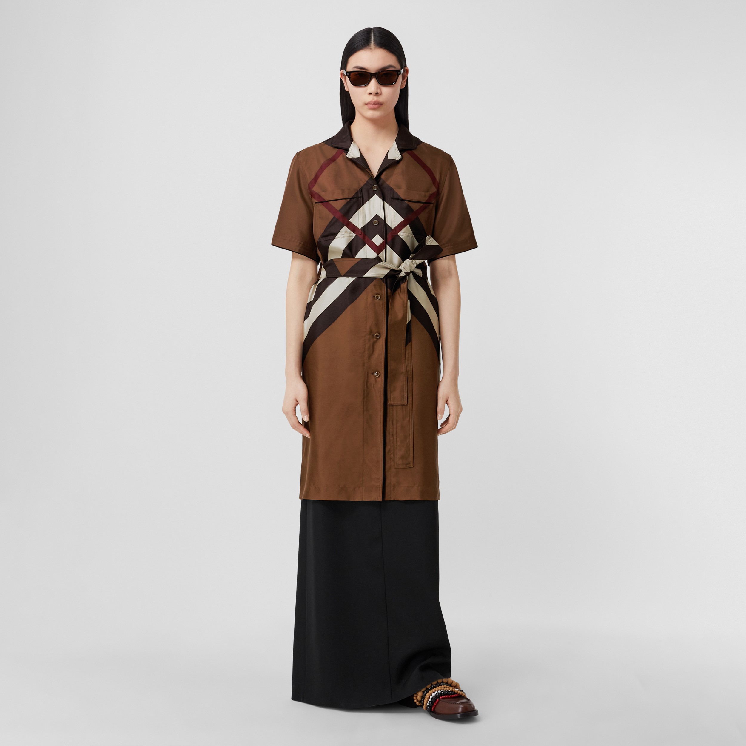 Chevron Check Print Silk Shirt Dress in Dark Birch Brown - Women | Burberry® Official - 1