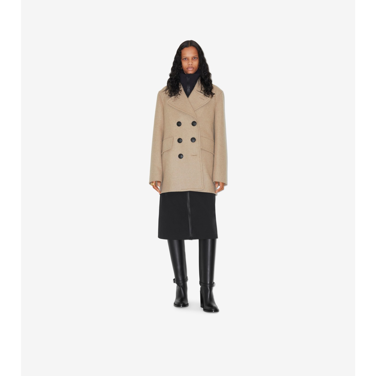 Wool Pea Coat in Beige melange Women Cashmere Burberry Official