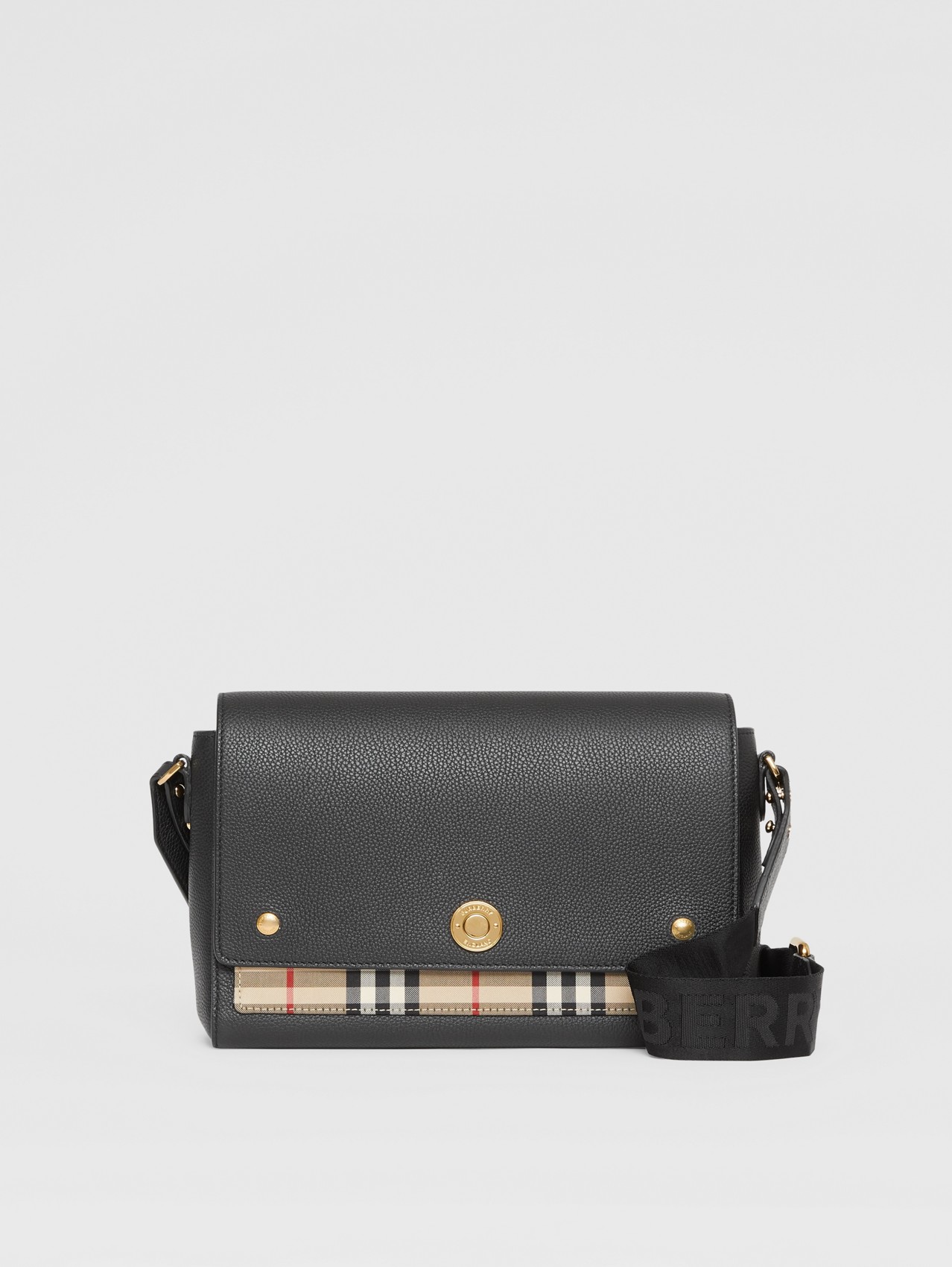 Leather and Vintage Check Note Crossbody Bag in Black